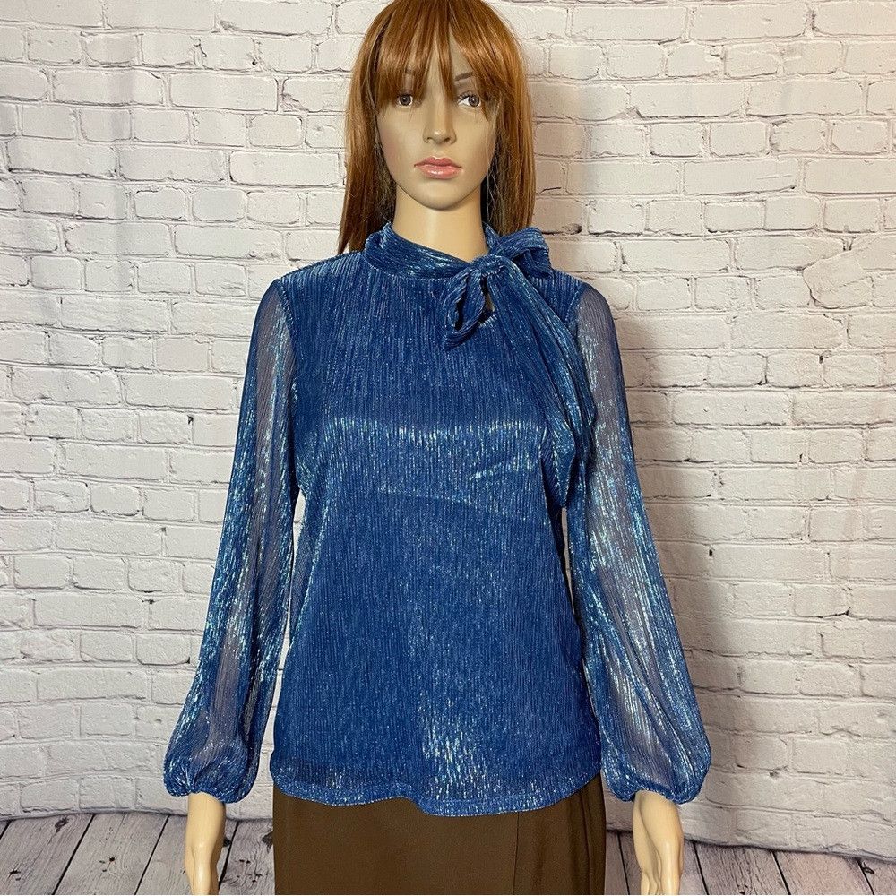 Other NWT New Cable & Gauge Blue Metallic Long Sleeve Tie Neck Bl Size XS / US 0-2 / IT 36-38 - 1 Thumbnail