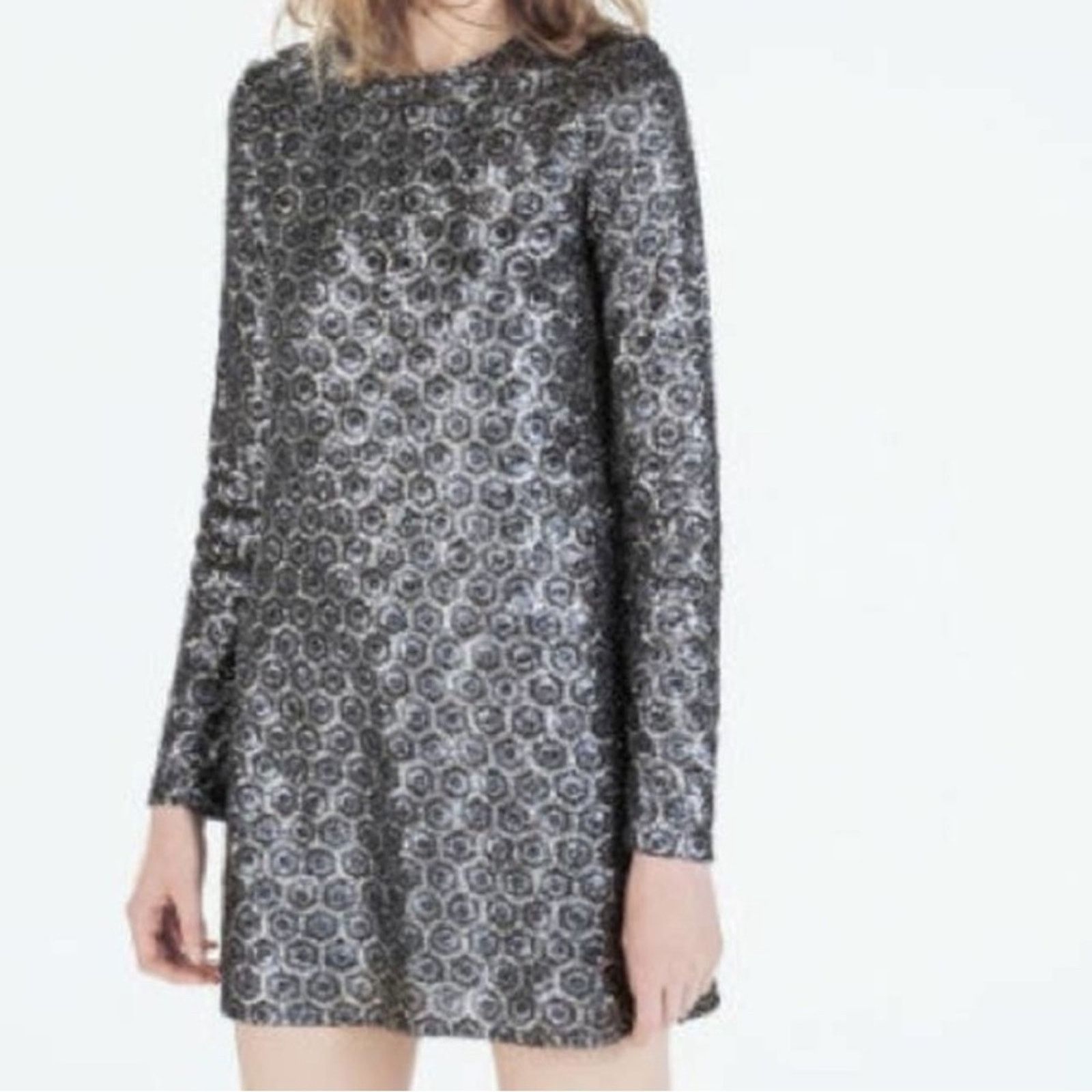Zara Zara Sequin Silver Blue Gray Long Sleeve Mini Formal Dress Size L / US 10 / IT 46 - 2 Thumbnail