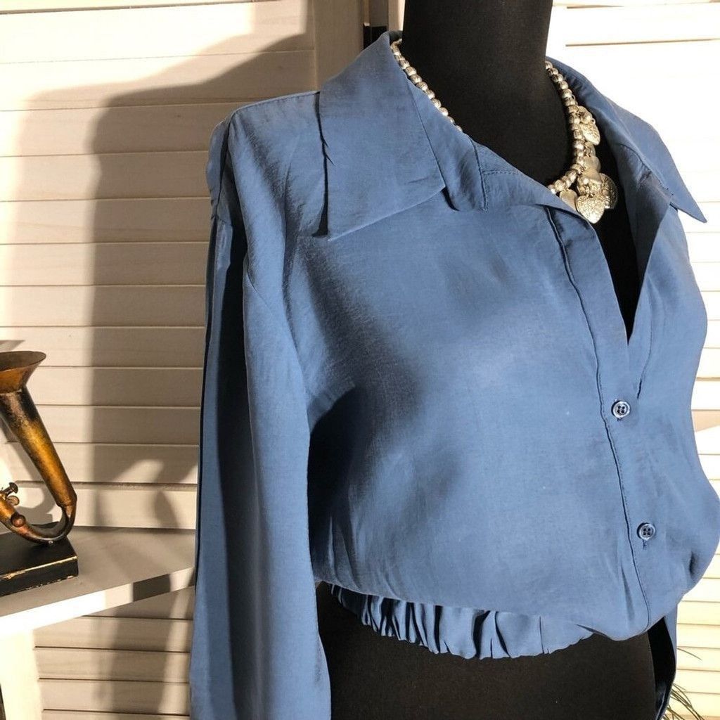 Zara NWOT Zara Cropped Blouse Elastic Waist Blue long sleeves S Size S / US 4 / IT 40 - 5 Thumbnail