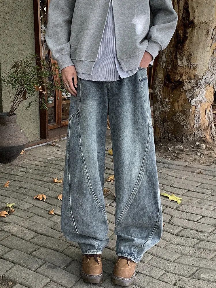 Retro loose fit patchwork wide leg jeans