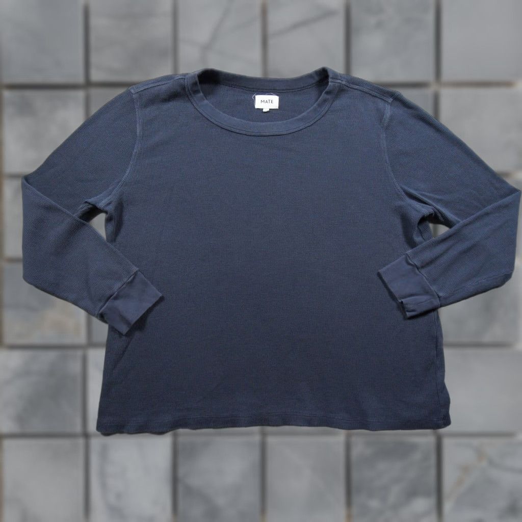 Vintage Mate Shirt Womens 1X Blue Long Sleeve Waffle Knit Crewneck Organic Cotton Ladies Shirt Size XL / US 12-14 / IT 48-50 - 1 Thumbnail