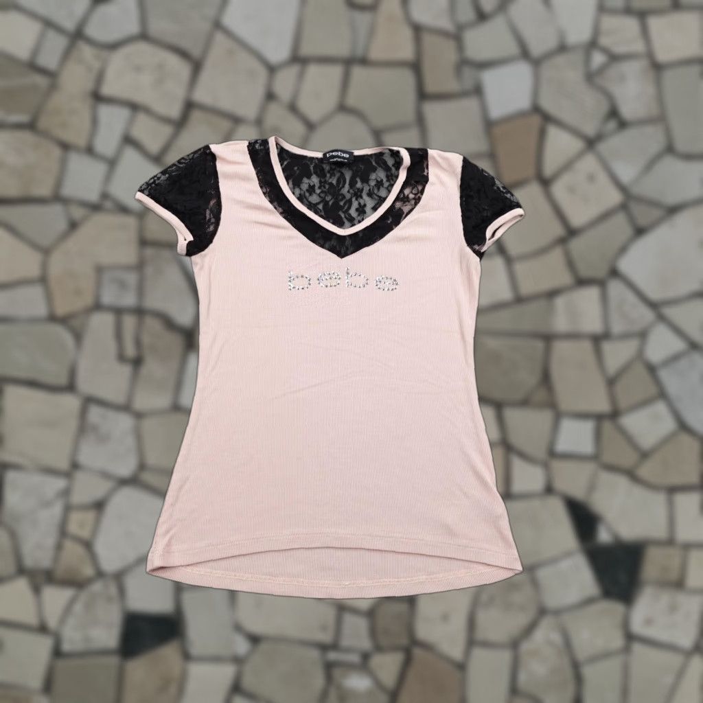 Bebe Bebe Shirt Adult Large Pink Black Lace Ribbed V Neck Rhinestone Top Y2K USA Size L / US 10 / IT 46 - 1 Thumbnail