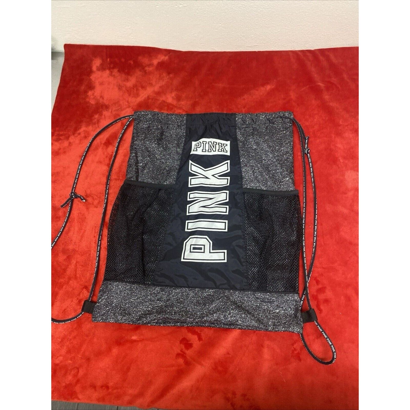 Victoria s Secret PINK Victoria s Secret Drawstring Bag Black Gray Gym Backpac Grailed