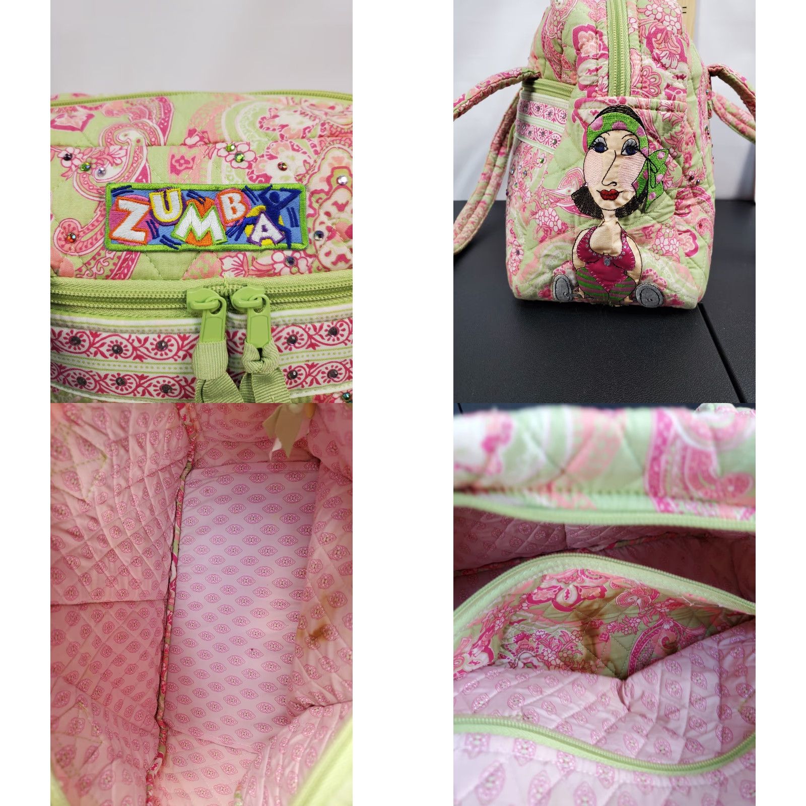 Vintage VINTAGE Zumba Lemon Hill Shoulder Bag with Patches Womens Green Pink Paisley Zip Closure Size ONE SIZE - 8 Thumbnail