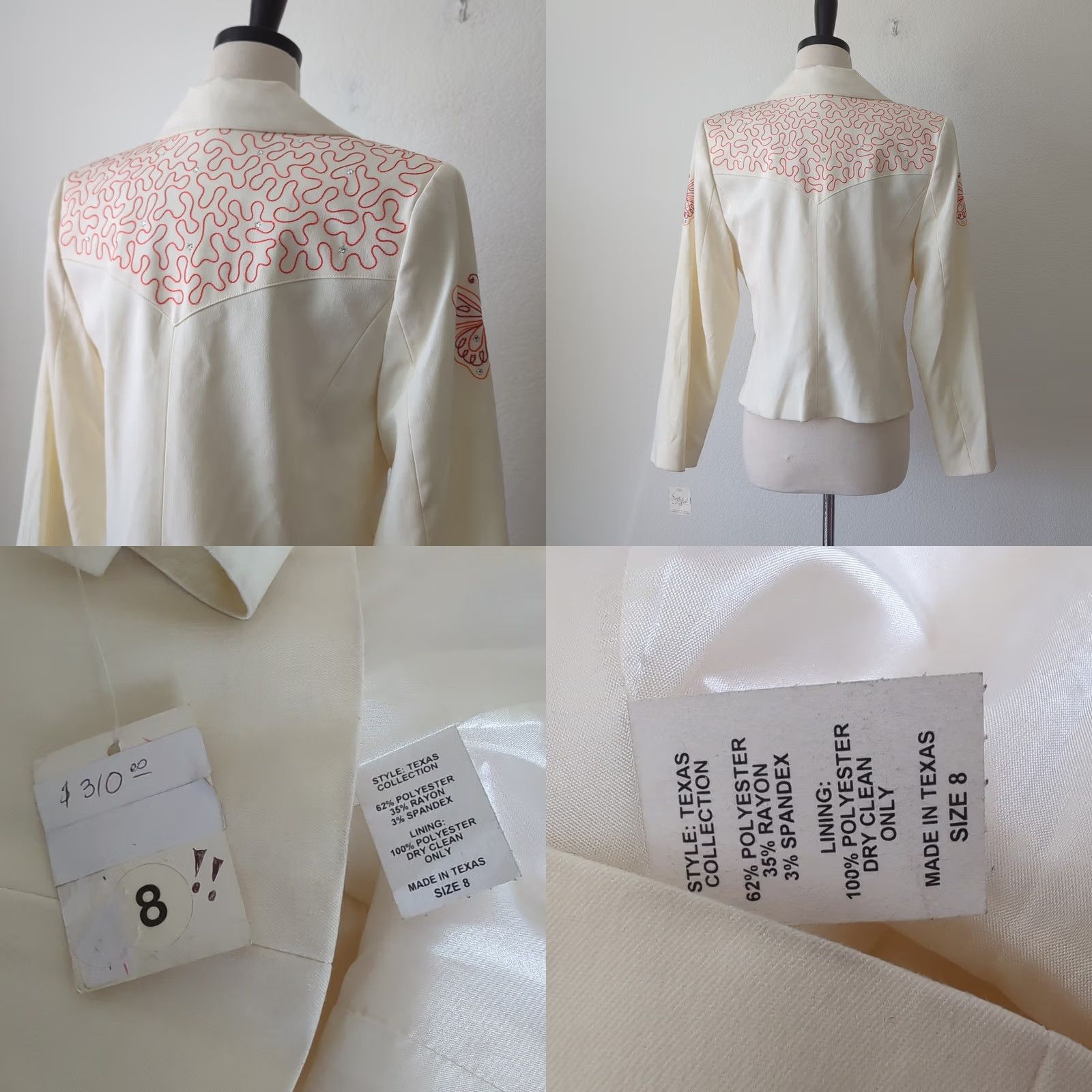 Vintage Sage West Texas Womens Blazer Cream Embroidered Butterfly Top Sz 8 Cowgirl 10 Size M / US 6-8 / IT 42-44 - 8 Thumbnail