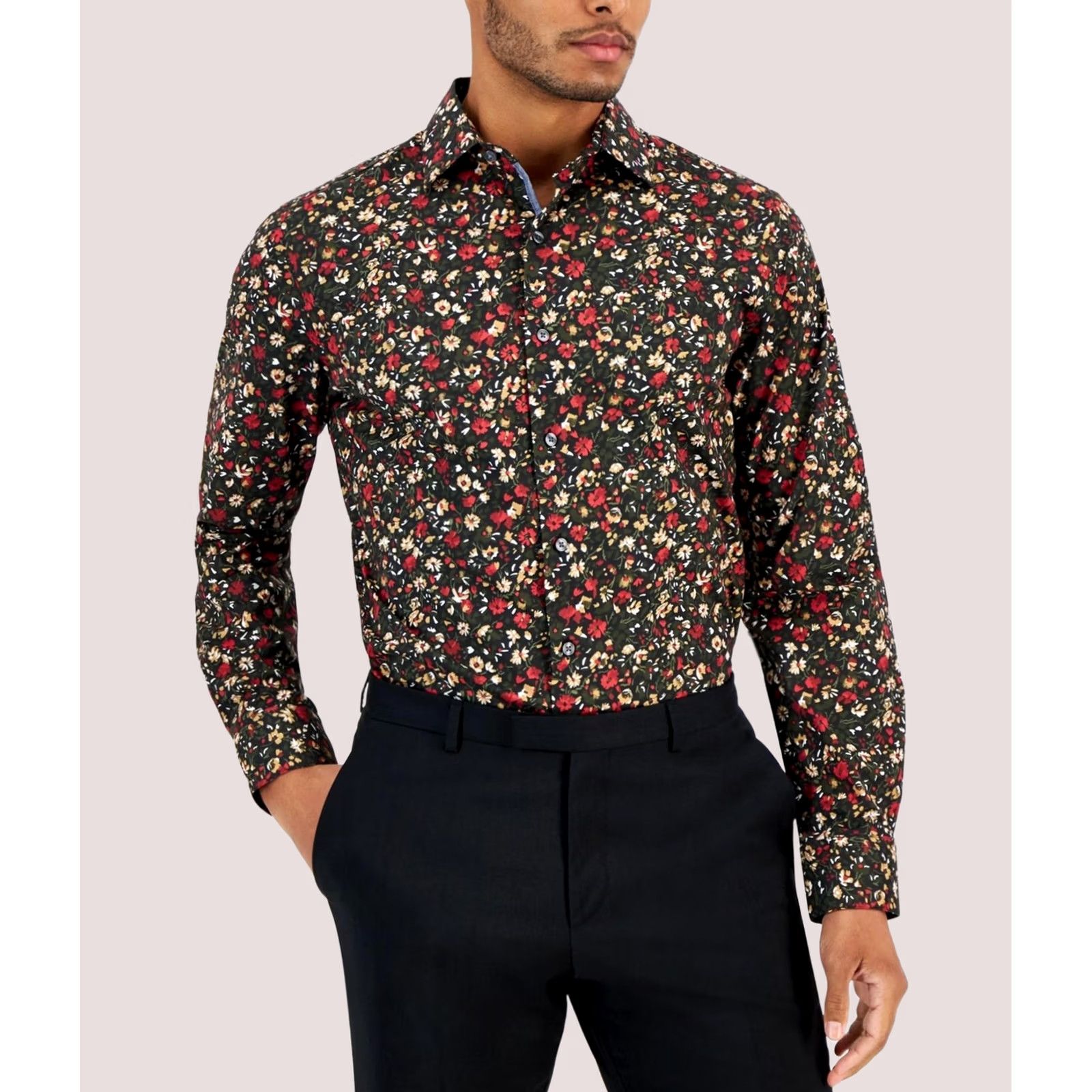 Bar III VINTAGE bar III Mens Floral Button Down Dress Shirt, black, Small Size 36R - 1 Preview