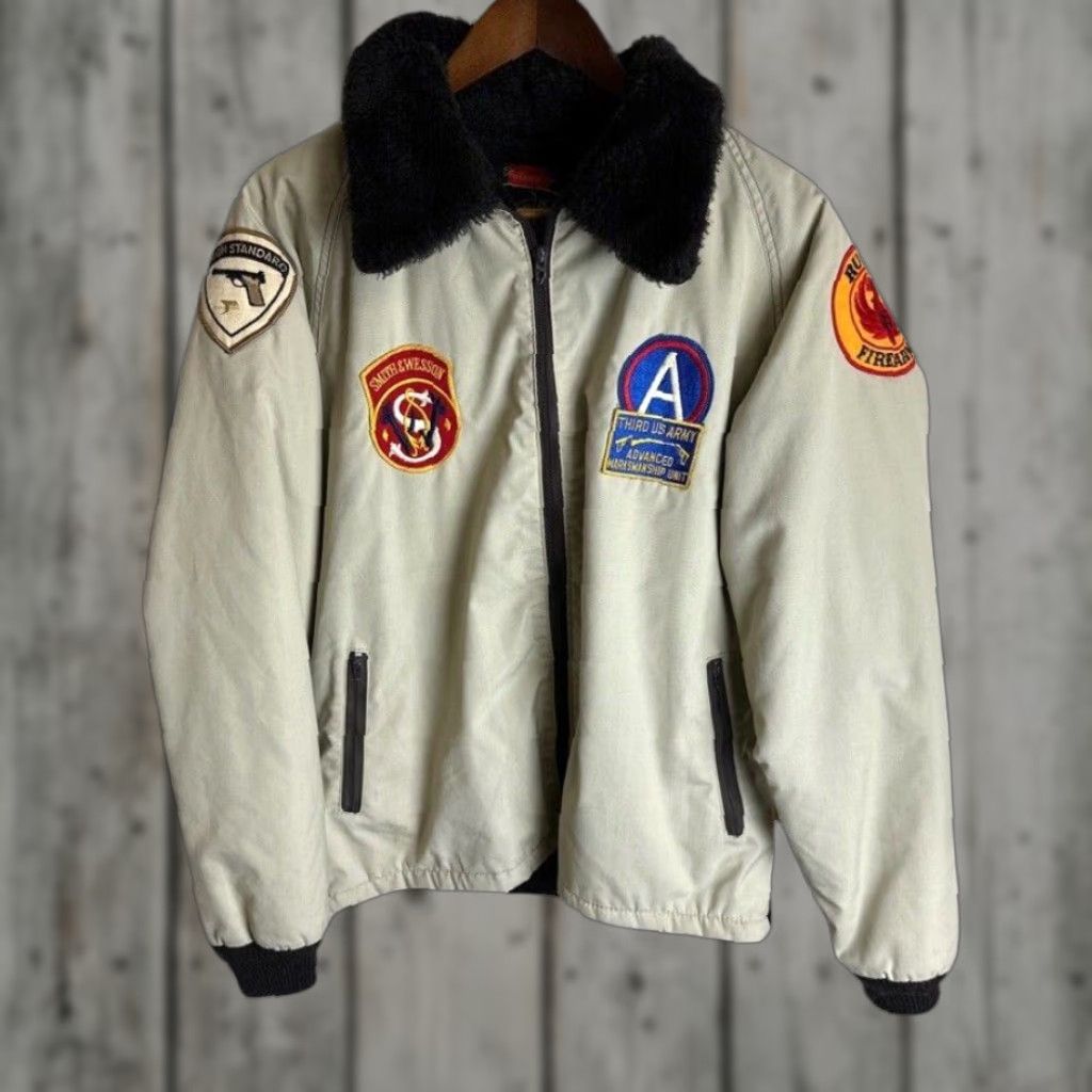 VINTAGE 70s Marshall Ray Bomber Jacket Mens Large Beige Fleece - Main Image