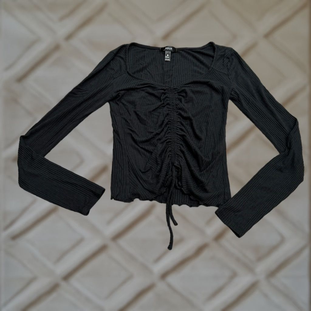 AQUA Aqua Ribbed Knit Ruched Blouse Womens XS Black Long Sleeve Casual Classic Size XS / US 0-2 / IT 36-38 - 1 Thumbnail