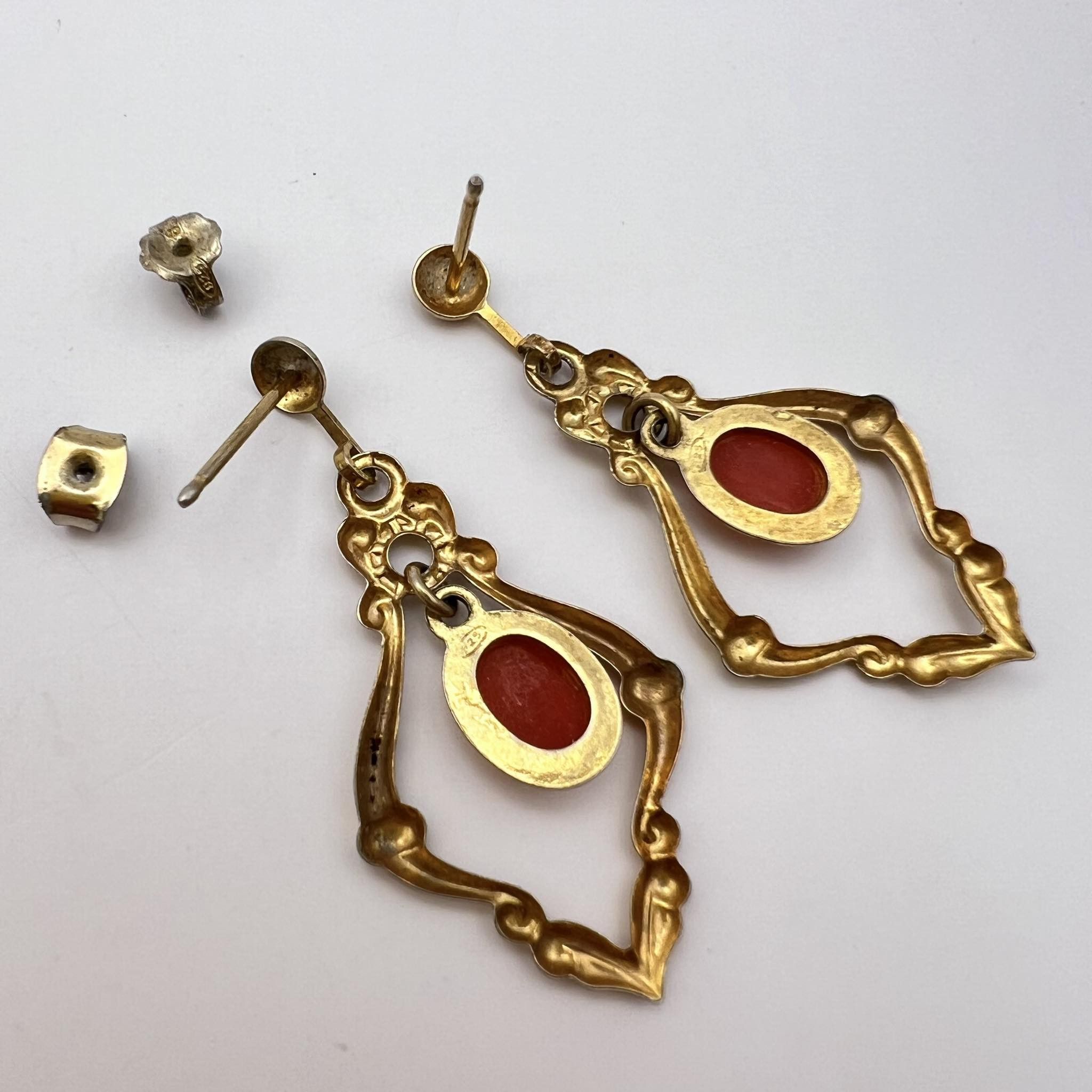 Vintage Gilt Sterling Silver 925 Vintage Earrings Coral Gemstone Size ONE SIZE - 8 Thumbnail