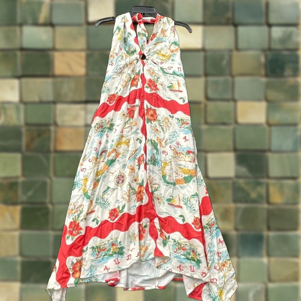 VINTAGE ANTHROPOLOGIE Celandine Halter Midi Scarf Dress Women's L Red Motif Sundress Sleeveless Multicolor