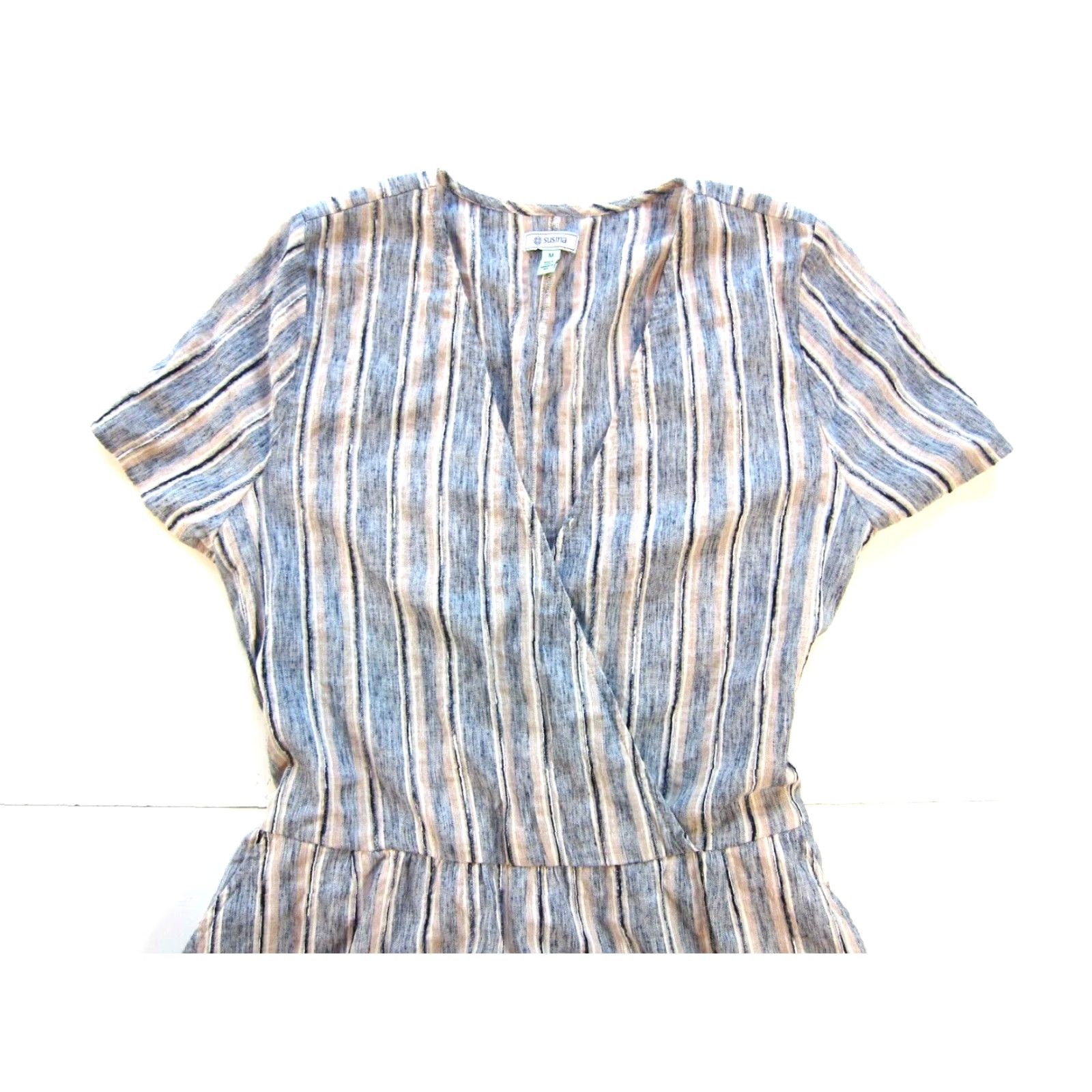 Vintage Susina Cotton Blue Pink Stripe Pocket V-Neck Short Sleeve Tie Dress M Womens Size 32" / US 10 / IT 46 - 3 Thumbnail