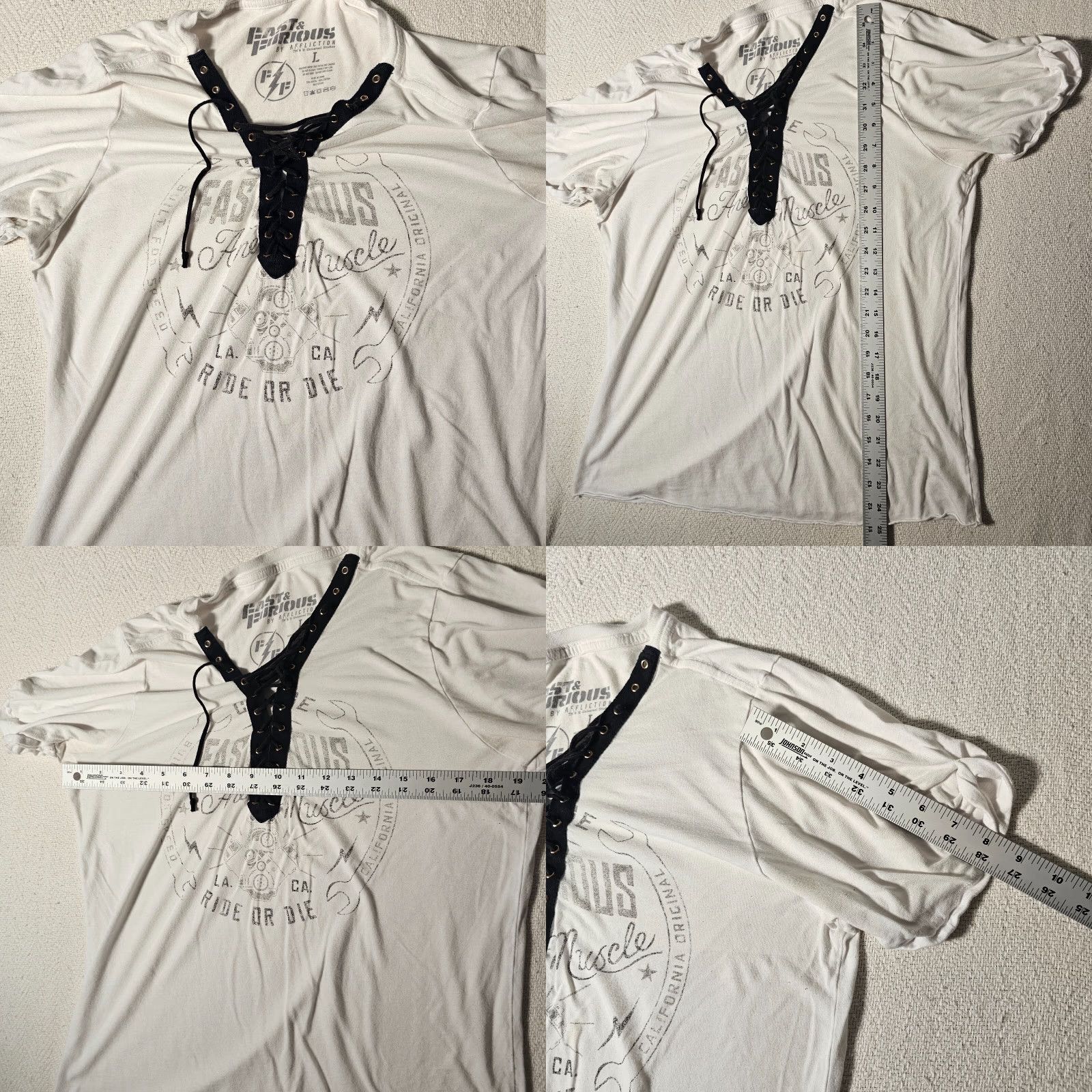 Affliction VINTAGE Affliction Women's Blouse Shirt Short Sleeve V-Neck Lace Up Neck Size Large White Fast & Furious Fashion Size L / US 10 / IT 46 - 7 Thumbnail