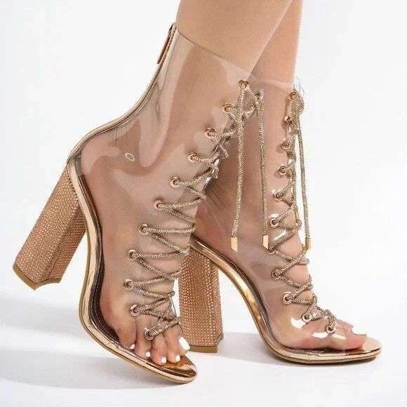 Other See Me Rose Gold Rhinestone Laces Heels Clear Upper Open Toe Size US 6.5 / IT 36.5 - 8 Thumbnail