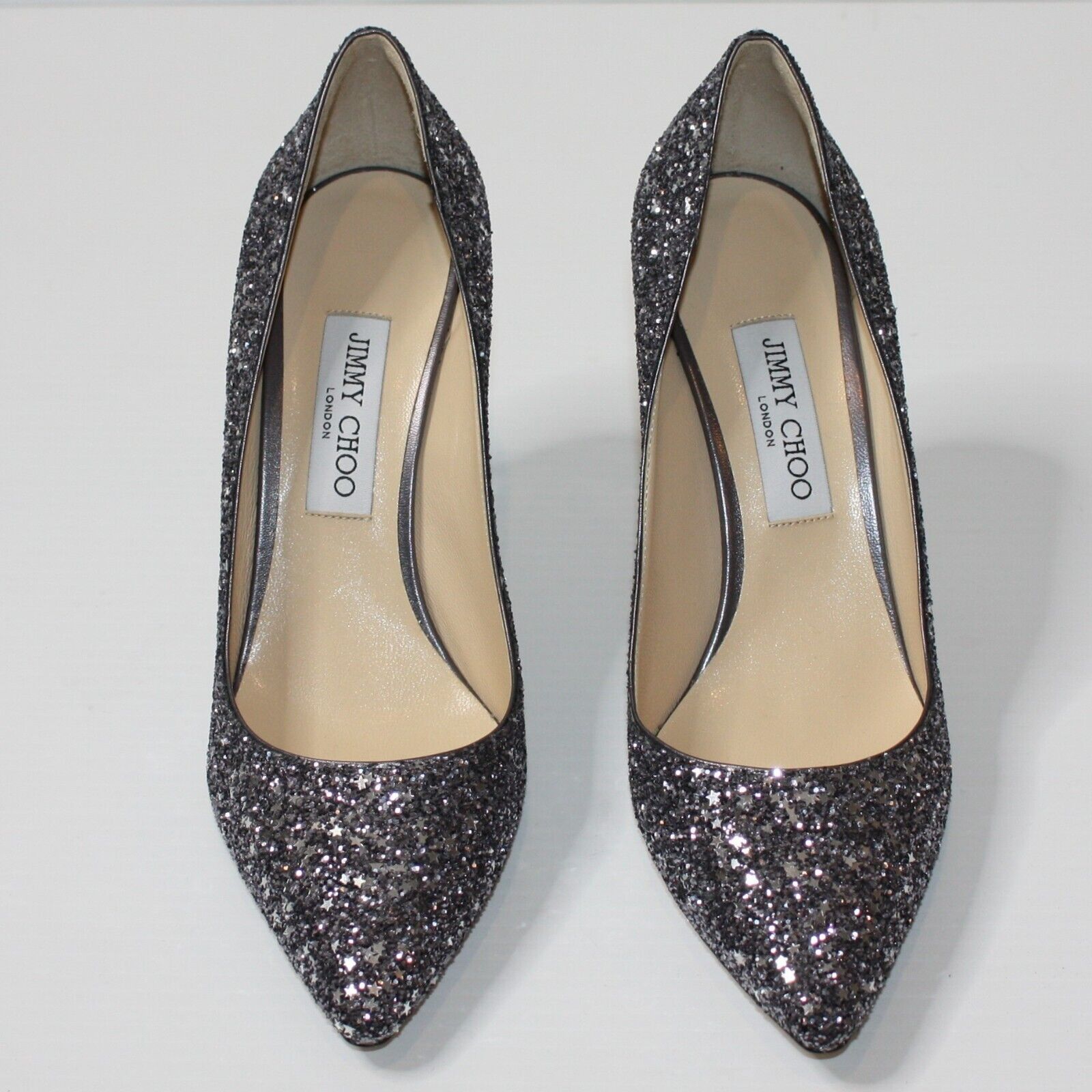 Jimmy Choo Romy 85 Gunmetal Star Coarse Glitter Pointy Toe Pump NEW Size US 10.5 / IT 40.5 - 3 Thumbnail
