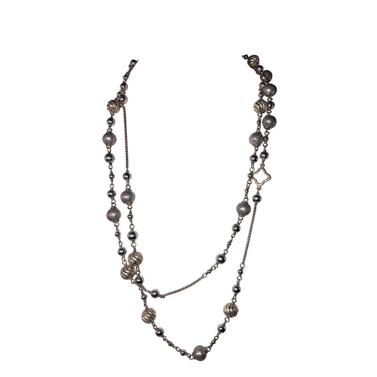 David Yurman Long Bead & Chain Quatrefoil Silver Necklace