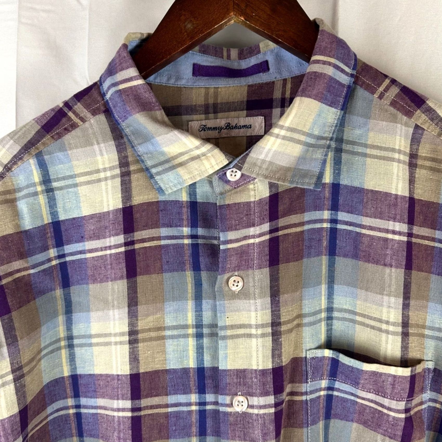 Tommy Bahama Tommy Bahama Island Zone Linen Blend Plaid Short Sleeve Shirt Mens Large Purple Multicolor Casual Beach Vacation Lightweight Breathable Size US L / EU 52-54 / 3 - 2 Thumbnail
