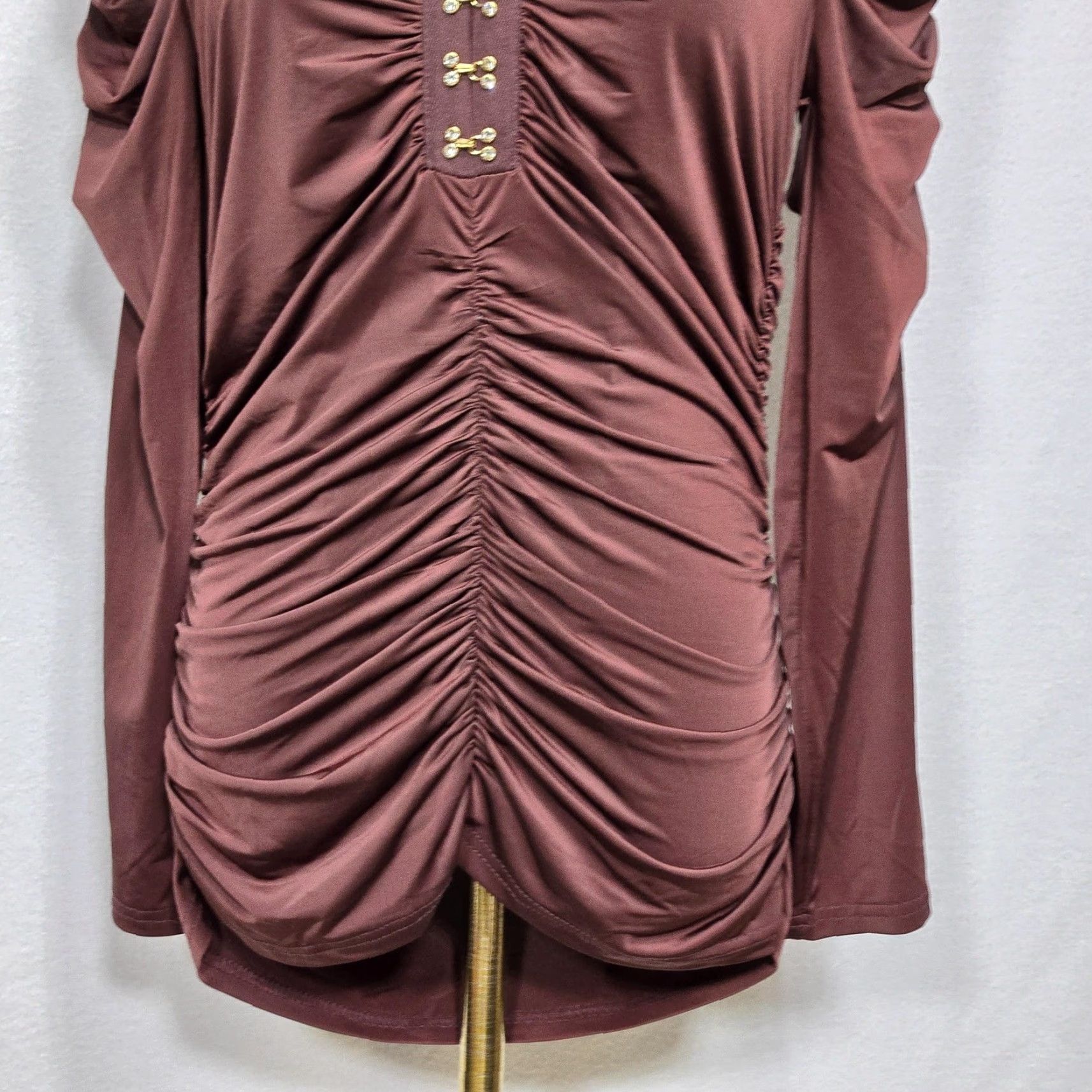 Vintage Cache Top Womens XS Brown Ruched Long Sleeve V Neck Stretch Blouse Dressy New Size XS / US 0-2 / IT 36-38 - 3 Thumbnail