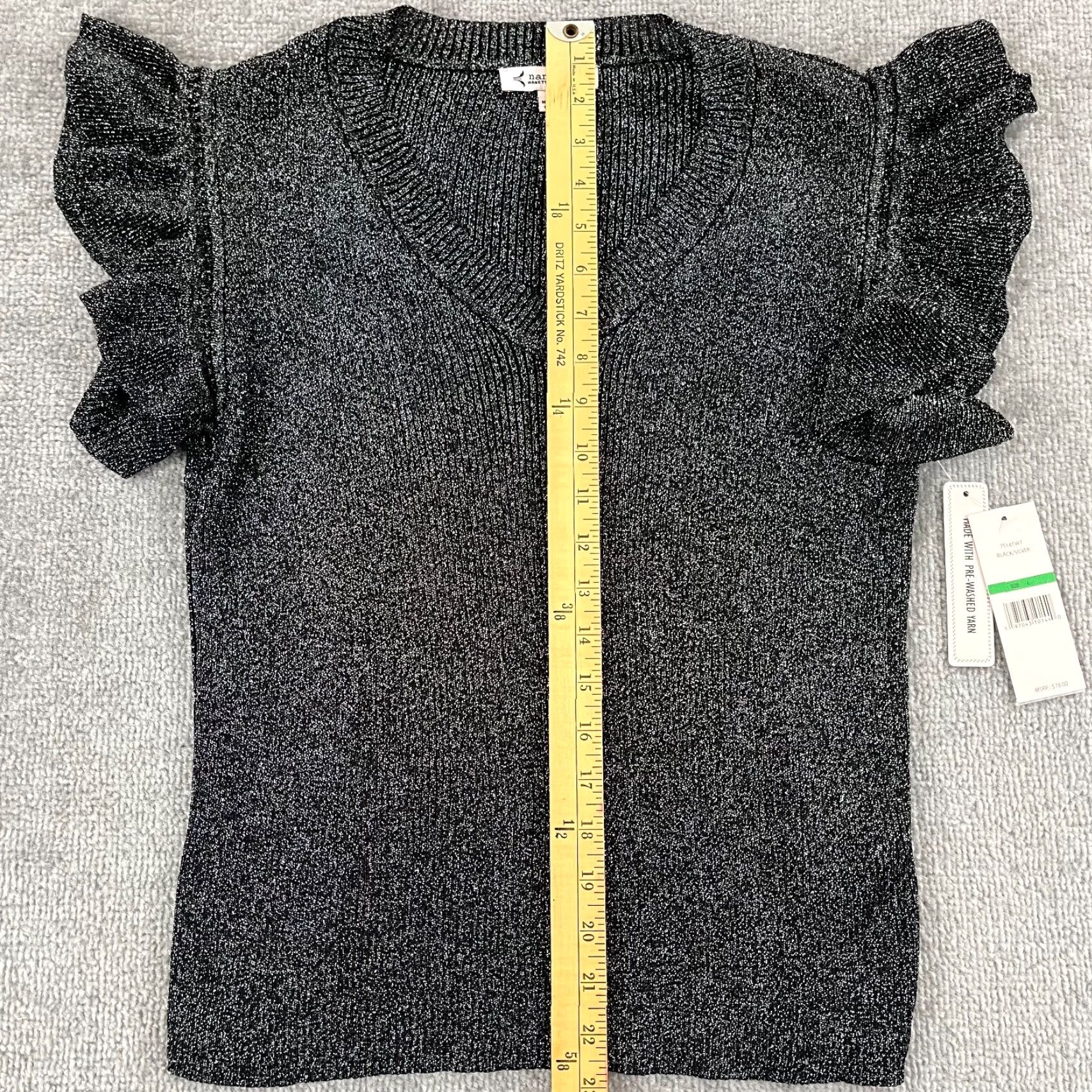 Nanette Lepore NANETTE LEPORE Blouse Womens Large Black Silver Ruffle Short Sleeve Casual Stretch Size L / US 10 / IT 46 - 6 Thumbnail