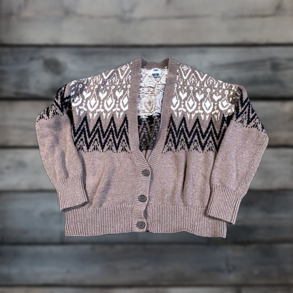 Old Navy Retro Ski Style Cardigan Women's Medium Brown Black Geometric Pattern Sweater Size M / US 6-8 / IT 42-44 - 1 Thumbnail