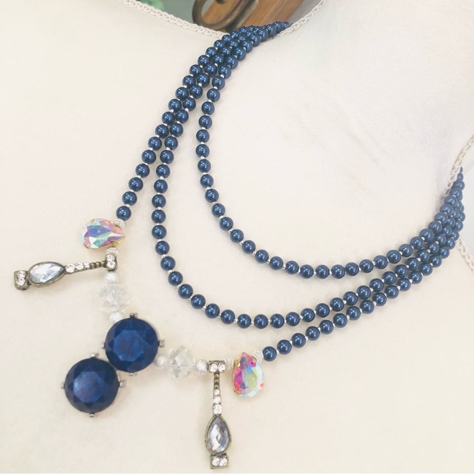 Jewelry Handcrafted repurpose royal blue Czech glass Pearl necklace Size ONE SIZE - 1 Thumbnail