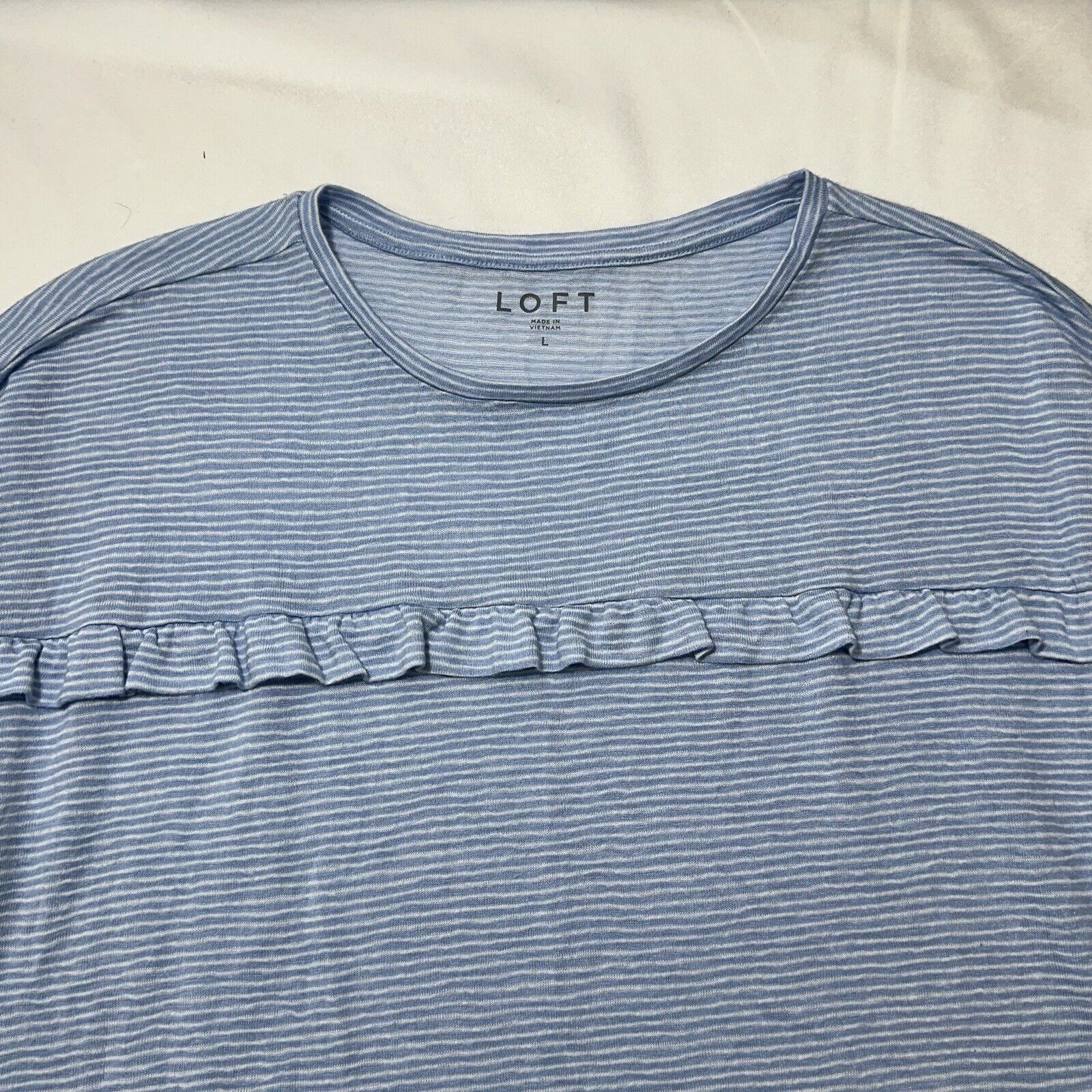 Loft LOFT Large Blue White Striped Long Sleeve Ruffle T Shirt Size L / US 10 / IT 46 - 2 Thumbnail