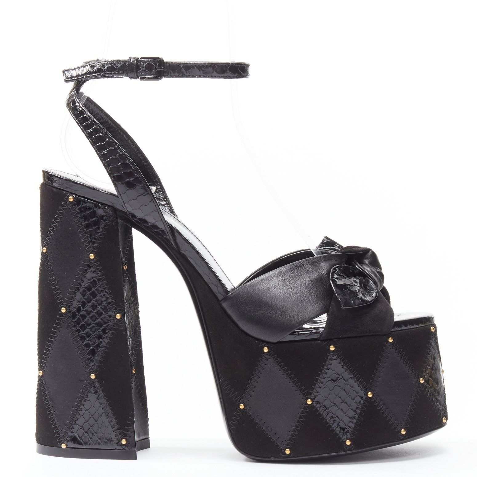 Saint Laurent Paris SAINT LAURENT Paige 85 Runway black patchwork stud platform sandals EU37 Size US 7 / IT 37 - 1 Thumbnail