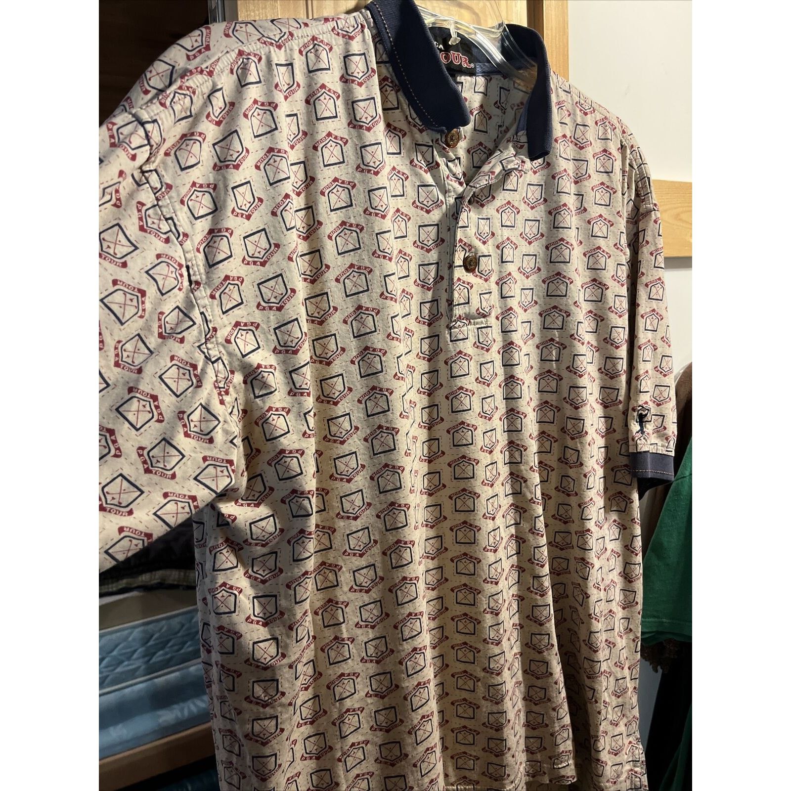 PGA Tour PGA Tour Men’s L Beige PGA Print Button Up Cotton Polo Shirt Size US L / EU 52-54 / 3 - 6 Thumbnail