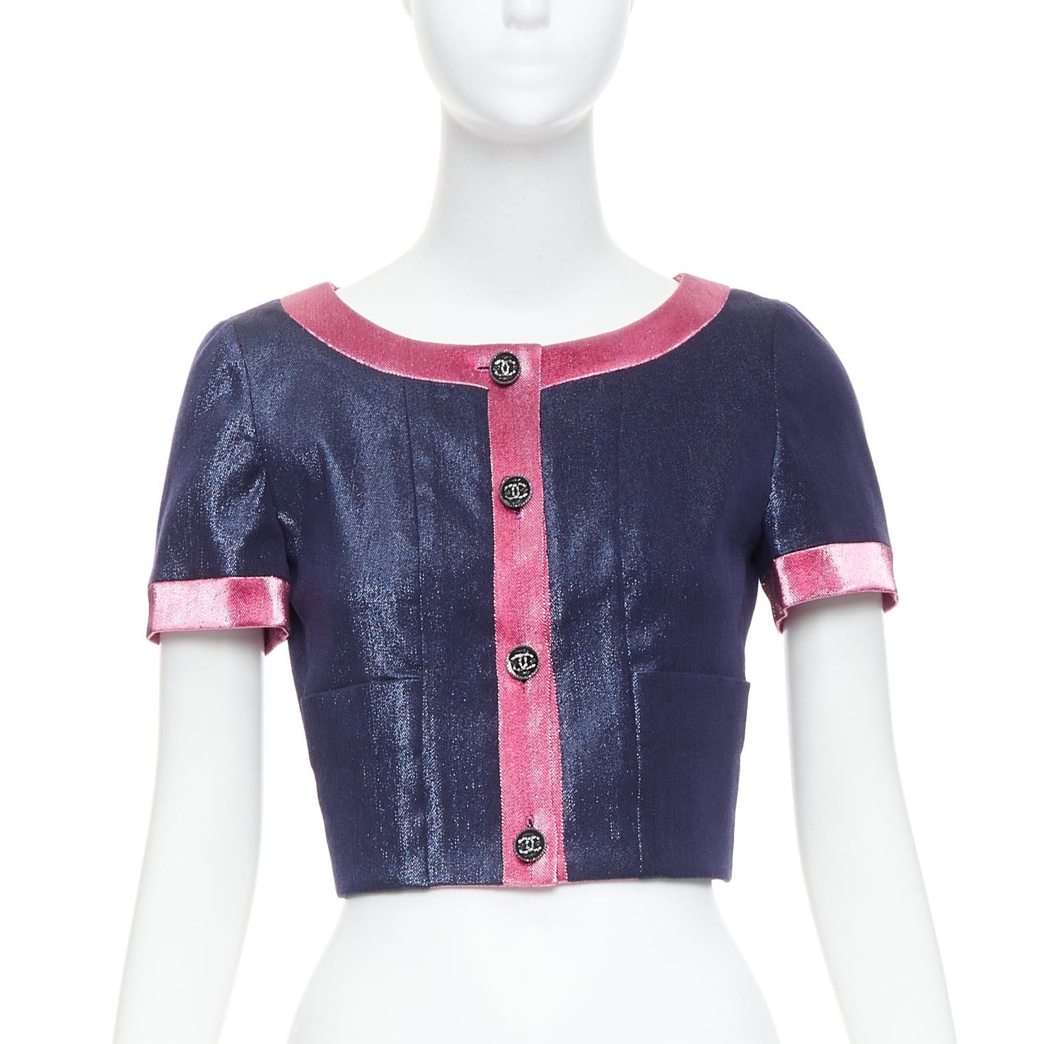 Chanel CHANEL 22K navy pink metallic wool blend cropped jacket FR36 S Size S / US 4 / IT 40 - 1 Thumbnail