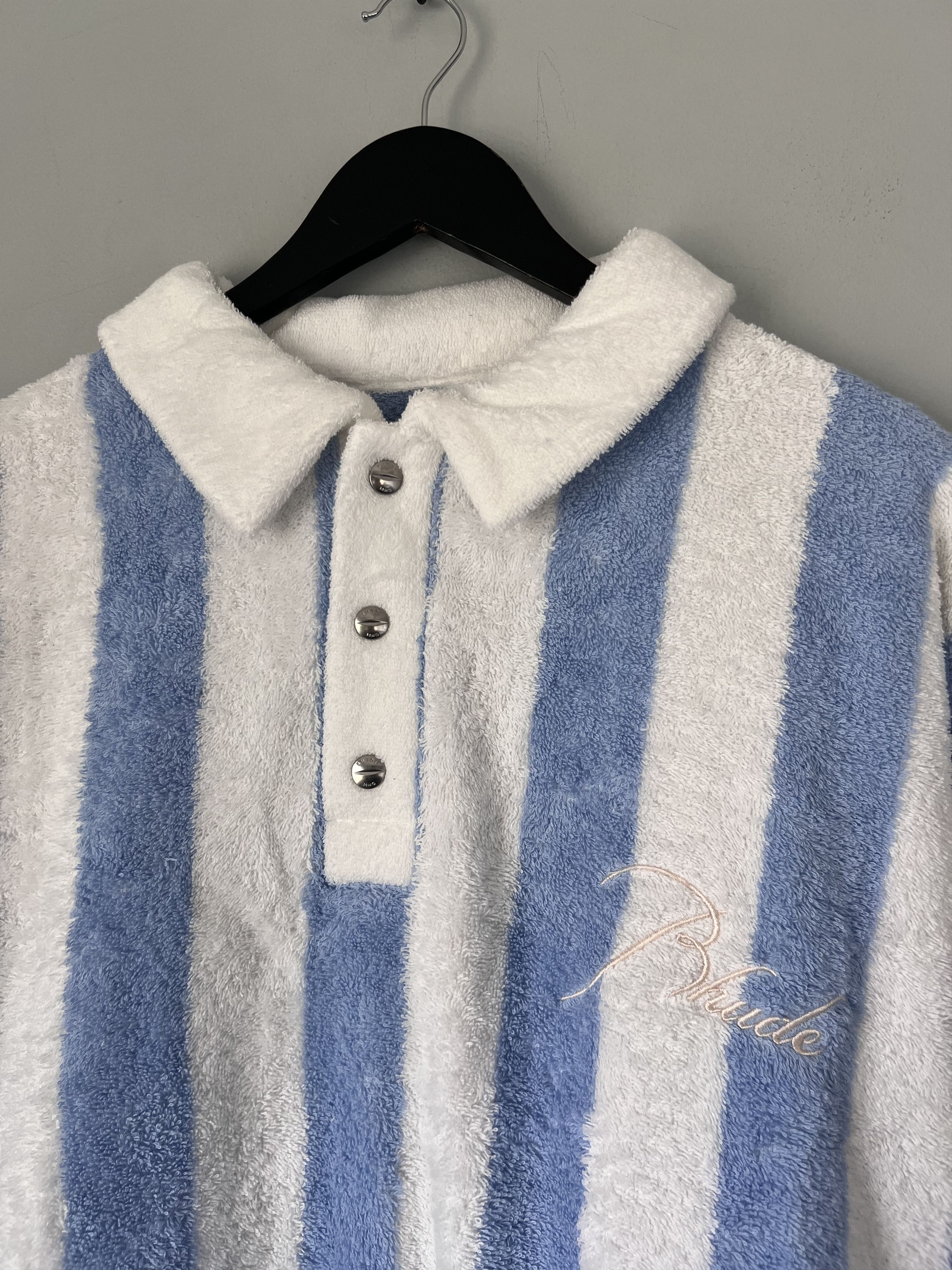 Rhude Rhude Striped Loop Terry Long Sleeve Polo in White Blue Size US L / EU 52-54 / 3 - 2 Thumbnail