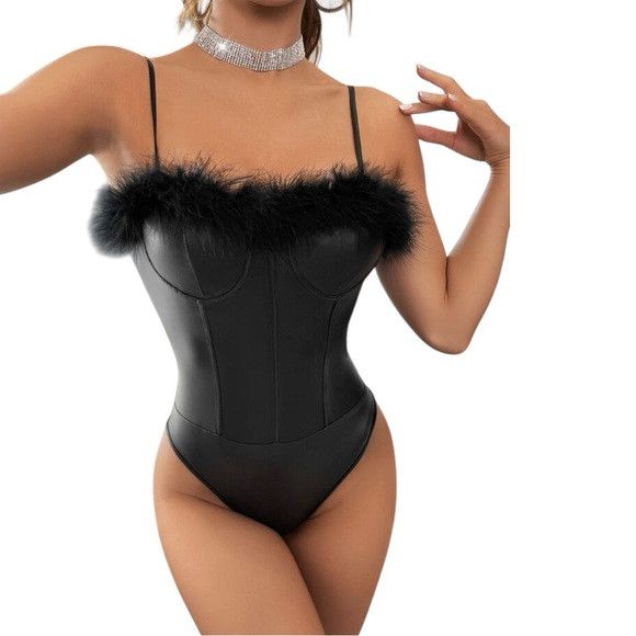 Other Women Black Fuzzy Trim Bustier Cami Bodysuit Size M / US 6-8 / IT 42-44 - 3 Thumbnail