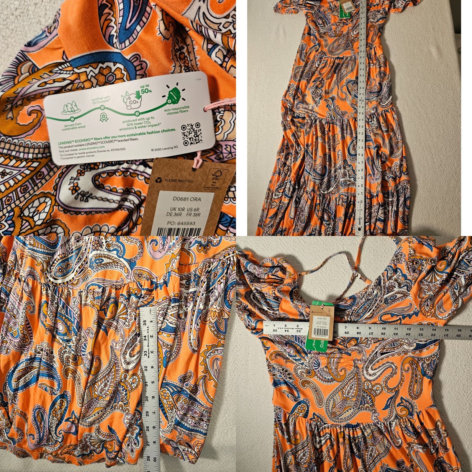Boden Boden Maxi Dress Orange Paisley 6 R D0681 Cross Strap Back Short Sleeve Cap Sleeve Floral 100% Cotton Womens Size 28" / US 6 / IT 42 - 9 Thumbnail