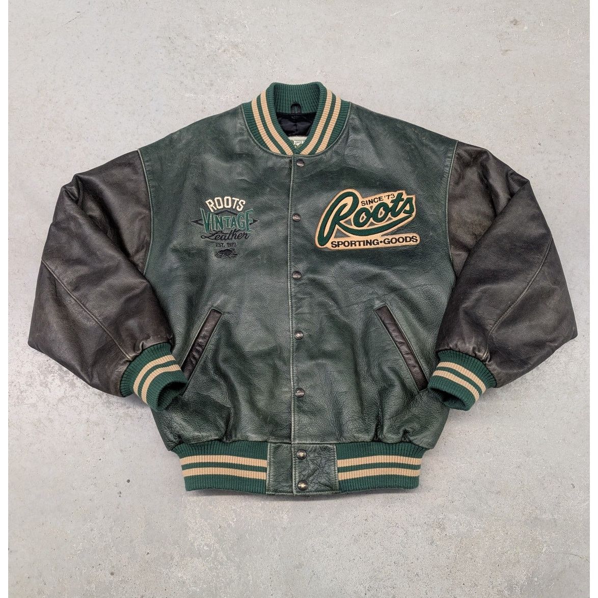 Rare Vintage Roots Sporting Goods USA Green Leather Jacket
