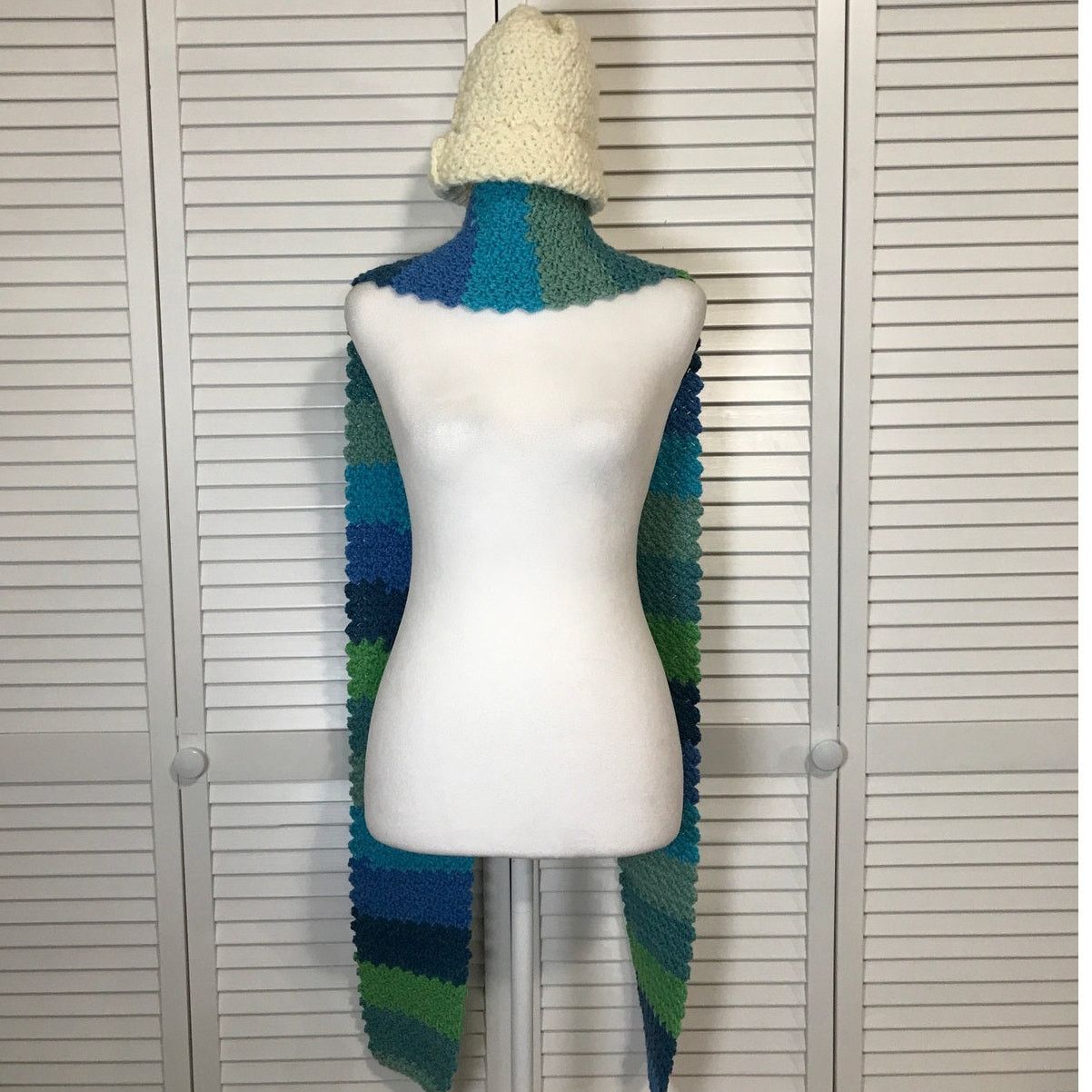 Handmade NWT Handmade Crocheted Multicolor Textured Beanie Scarf 86” Size ONE SIZE - 4 Thumbnail