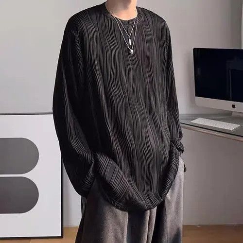 VIBE Korean fashion black wave pleats long sleeve top pullover Size US L / EU 52-54 / 3 - 1 Thumbnail