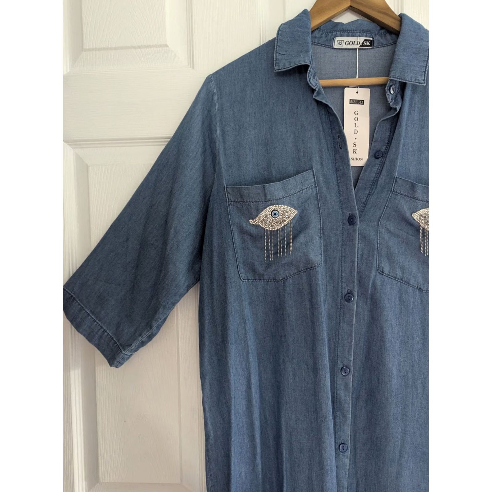 Vintage Gold SK Chambray Shirt Dress Blue Size 42 Rhinestone Eye Tassle Embellishment Women Size M / US 6-8 / IT 42-44 - 3 Thumbnail