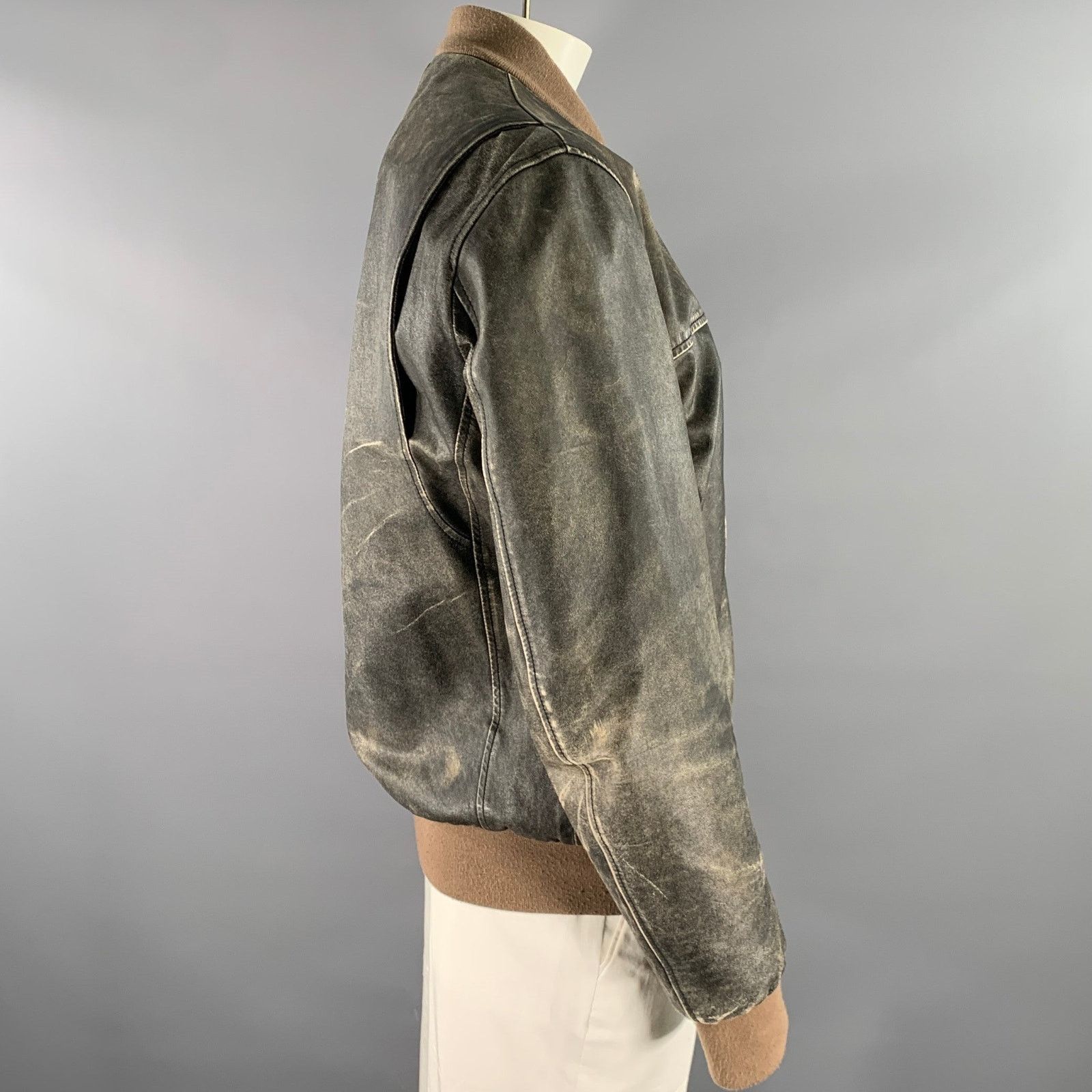 Marc Jacobs MARC JACOBS XXL Black Tan Distressed Leather Bomber Coat Size US XXL / EU 58 / 5 - 3 Thumbnail
