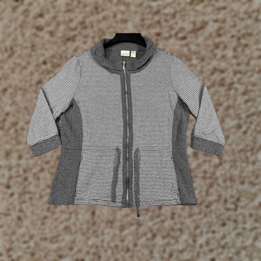 Lands' End Lands' End Chicos Jacket Women Gray Striped Full Zip Cowl Neck Pockets Drawstring Casual Size XS / US 0-2 / IT 36-38 - 1 Thumbnail