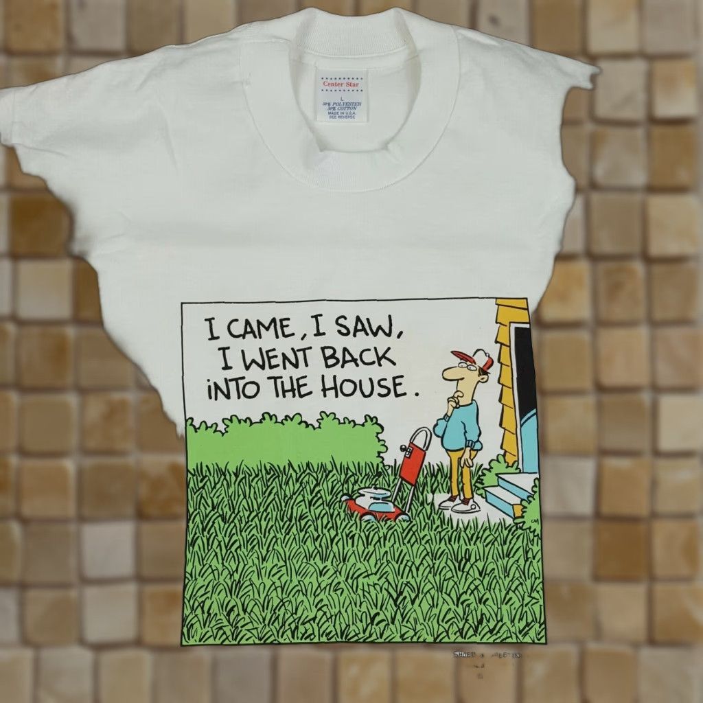 Vintage Vintage Hallmark Cards Men's Large 90s Retro Comic Lawn Mower T-Shirt White Size US L / EU 52-54 / 3 - 1 Thumbnail