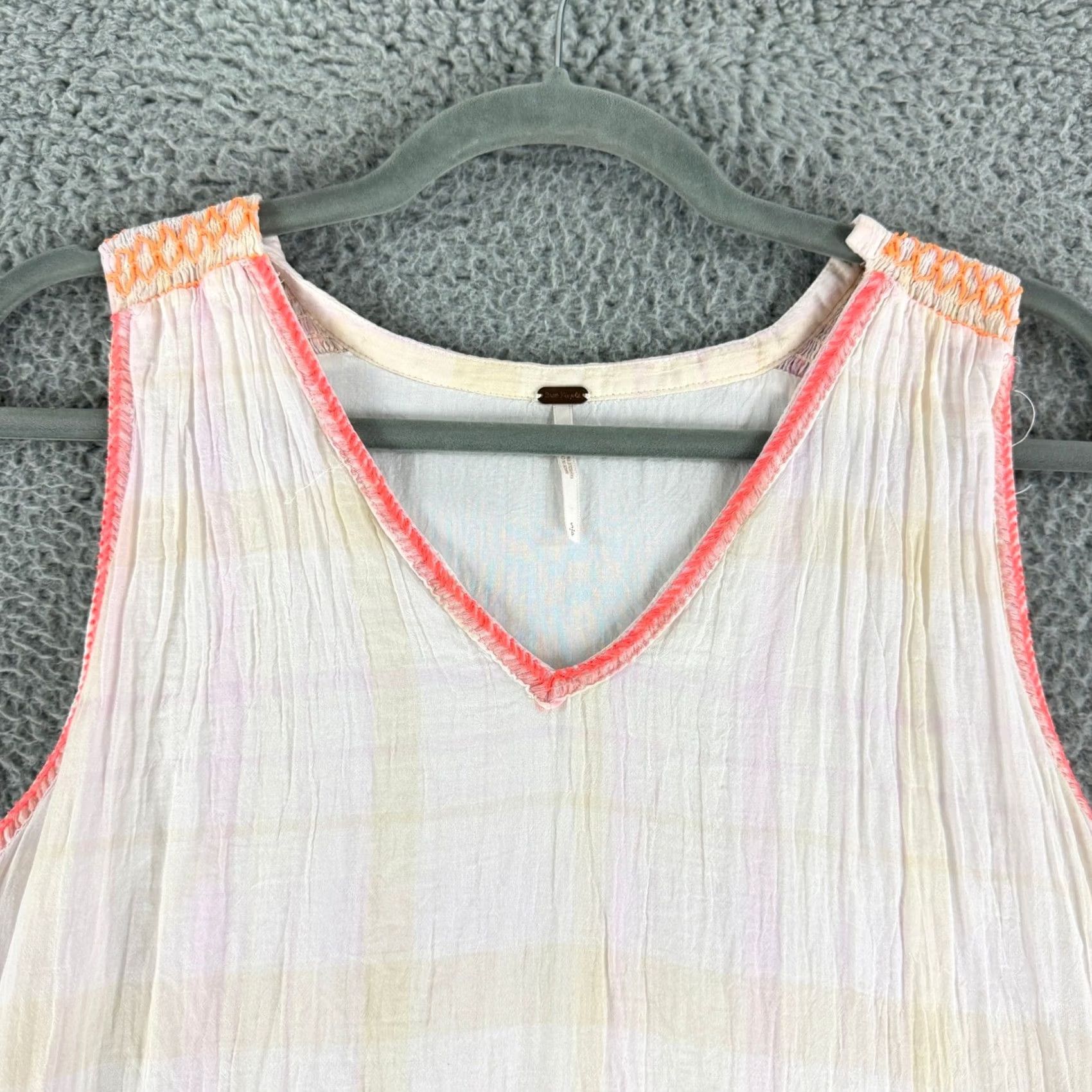 Free People Free People Tunic Top Womens S White Plaid Smocked Embroidered Ruffle Top Size S / US 4 / IT 40 - 2 Thumbnail