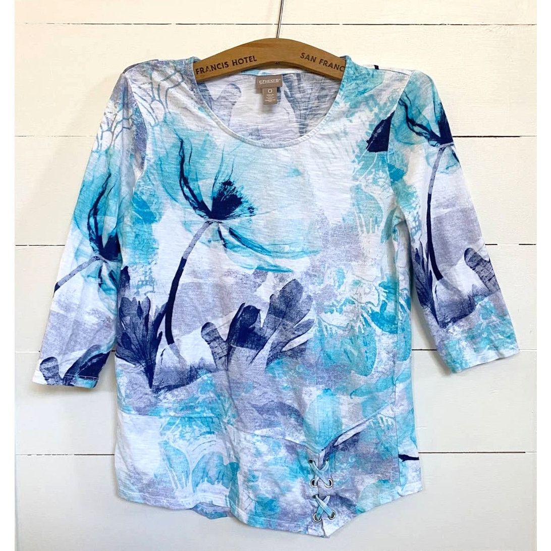 Chicos Chico’s Pressed Flower Asymmetrical Grommet Tunic Top Size XS / US 0-2 / IT 36-38 - 2 Thumbnail