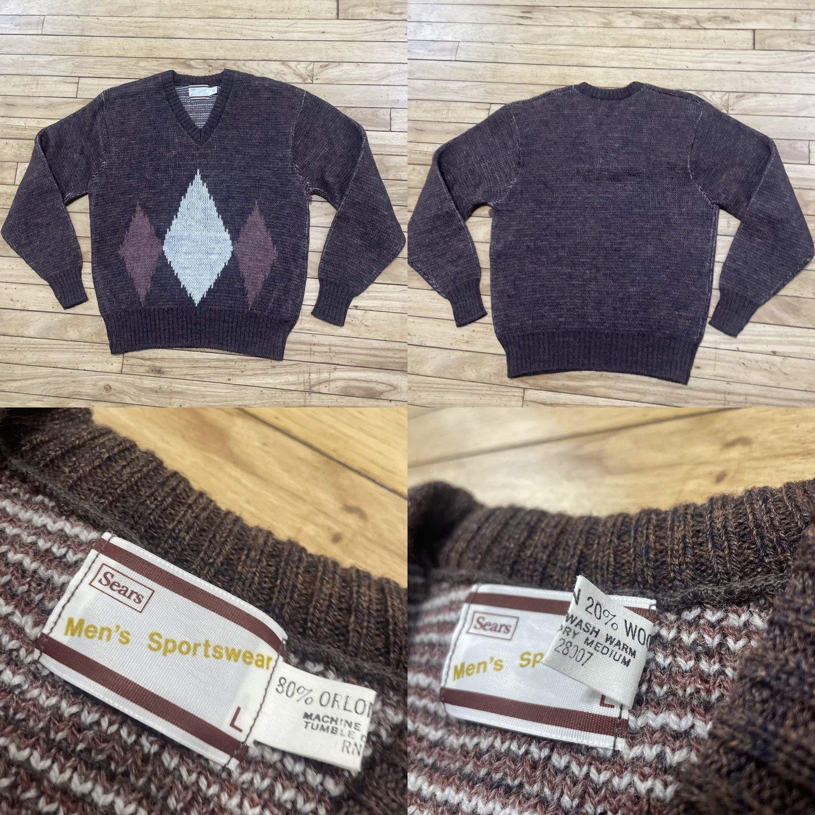 Sears VINTAGE Sears Men's Sportswear Wool Crop Vneck Argyle Sweater L Brown Orlon Acryllic Knit Pullover Geometric Pattern Mens Size US L / EU 52-54 / 3 - 9 Thumbnail