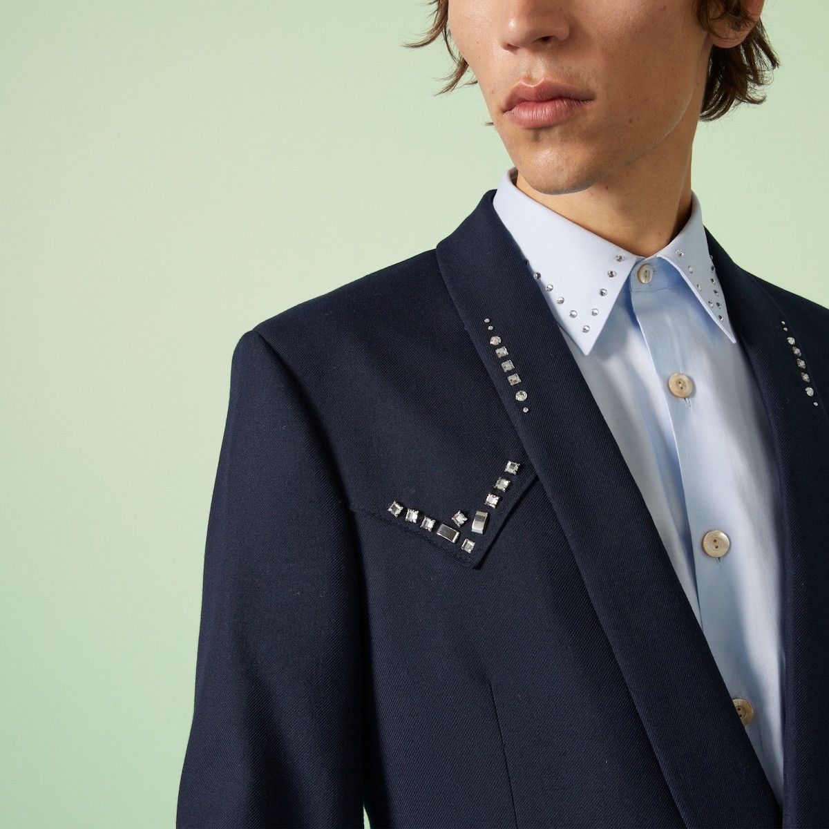 Gucci o1s1wg110125 Wool Twill Jacket Crystal Embroidery Navy Blue Size US L / EU 52-54 / 3 - 3 Thumbnail