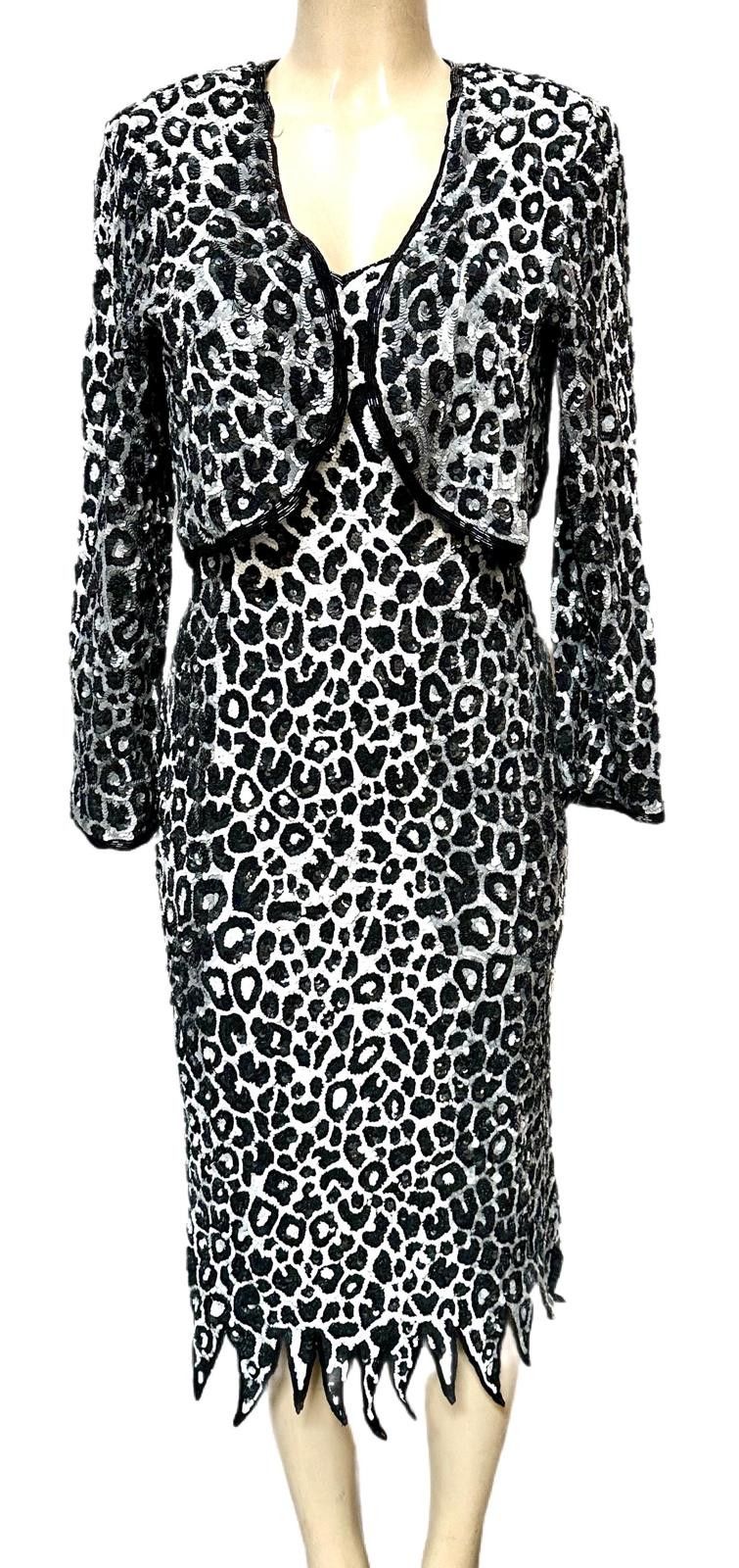 Other Sequin Dress Cheetah Black & White w/Matching Coat size 10 Size L / US 10 / IT 46 - 1 Thumbnail