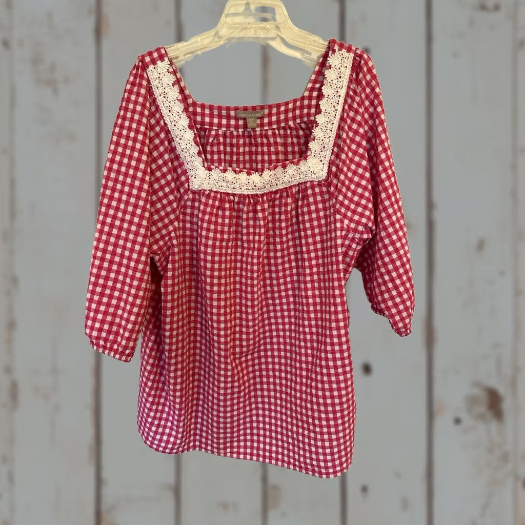 Vintage Woman Within Tunic Blouse Pink Gingham Seersucker 3/4 Sleeve Plus 3X Cotton Womens Size XXL / US 16-18 / IT 52-54 - 1 Thumbnail