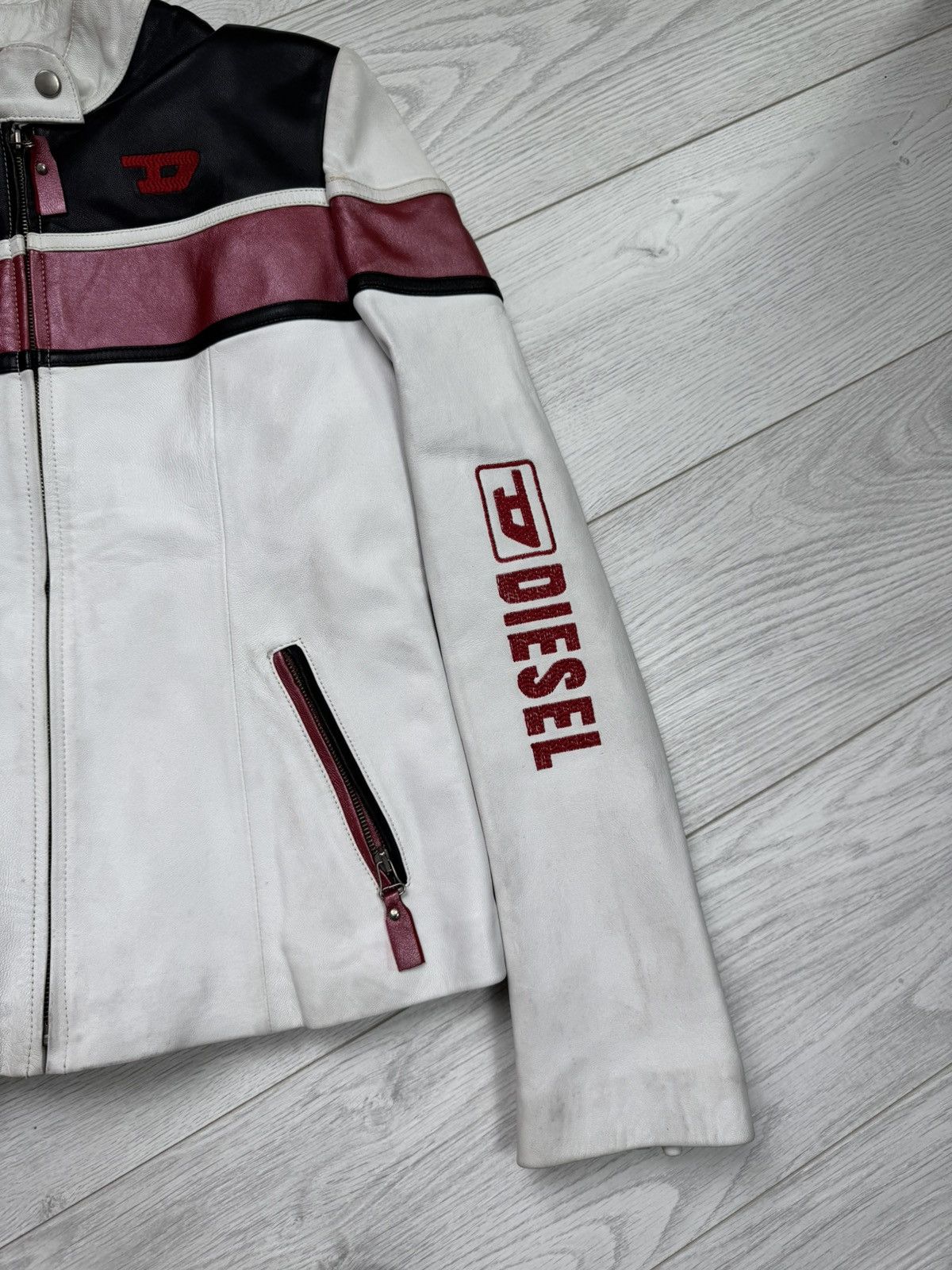 RARE⚠️ Diesel Vintage Y2K Moto White Leather Jacket Big Logo