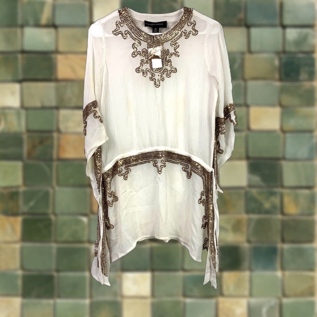 Vintage Colleen Lopez Embellished Sequin Resort Wear Tunic Shirt XS NWT White Party/Cocktail Casual Blouse Womens XS Sequin Accessories NWT Size XS / US 0-2 / IT 36-38 - 1 Thumbnail
