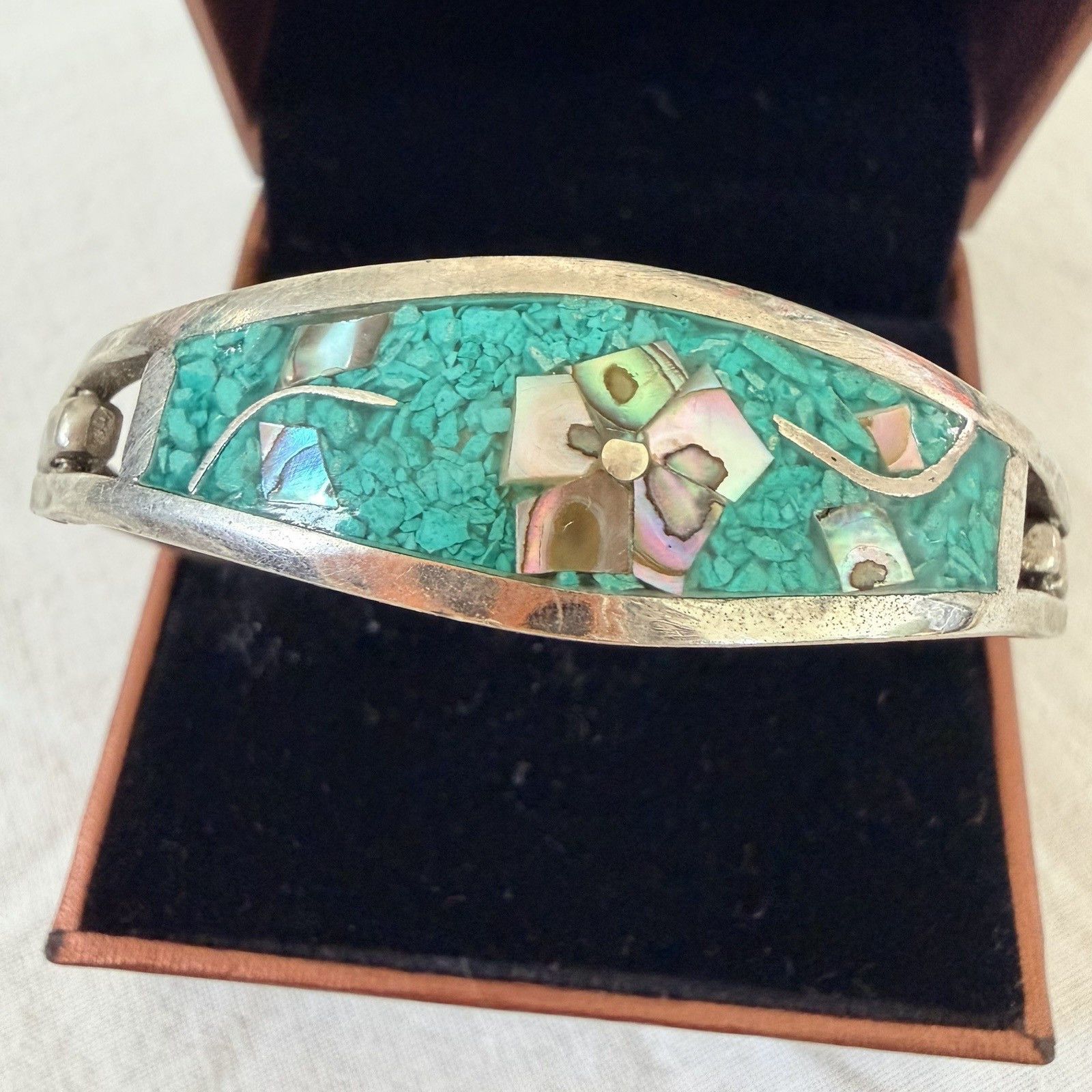 Other Taxco Mexico Sterling Silver Hinged Bangle Abalone Turquoise Size ONE SIZE - 1 Thumbnail