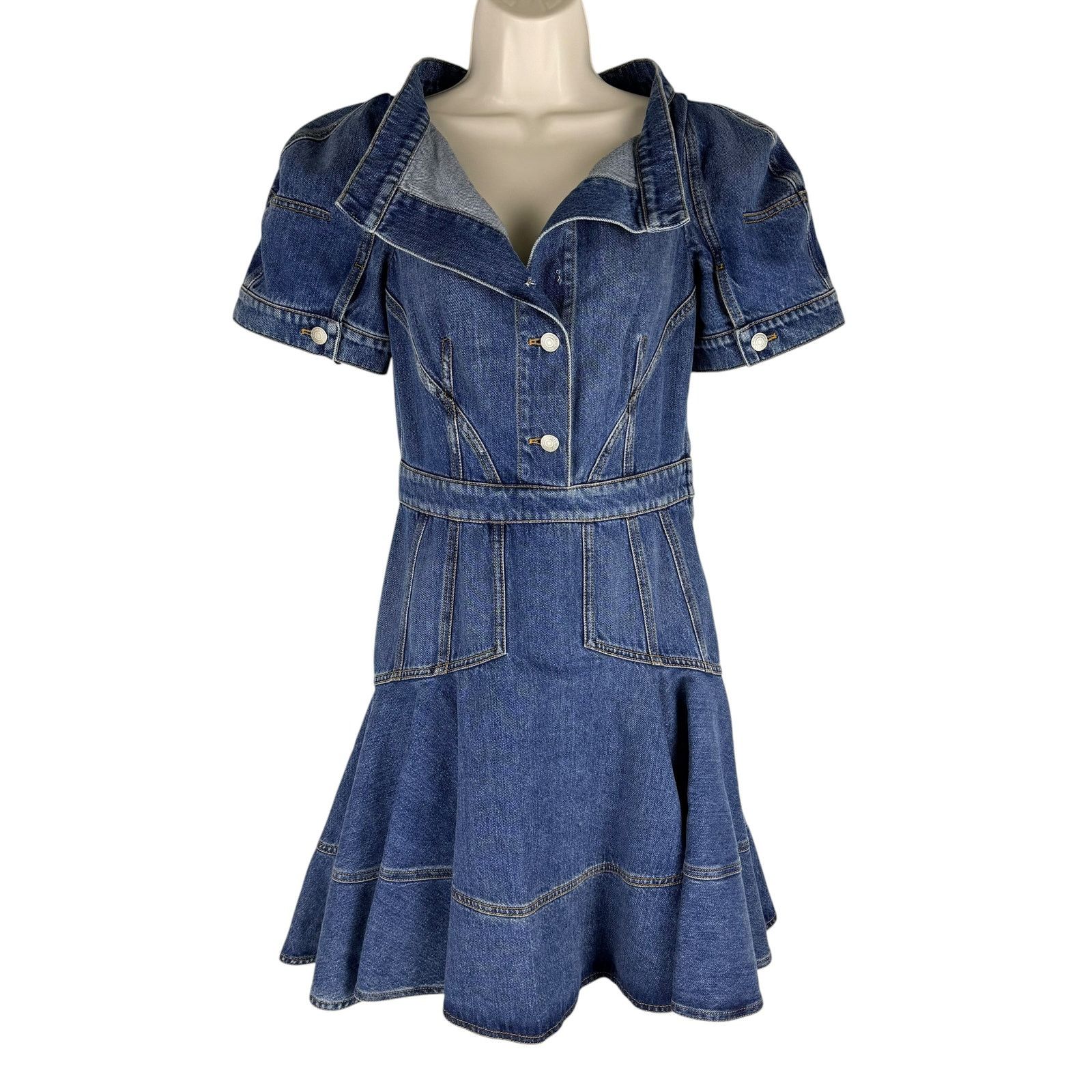Alexander McQueen Alexander Mcqueen Denim Puff Sleeve Flare Short Dress Blue Size S / US 4 / IT 40 - 2 Thumbnail