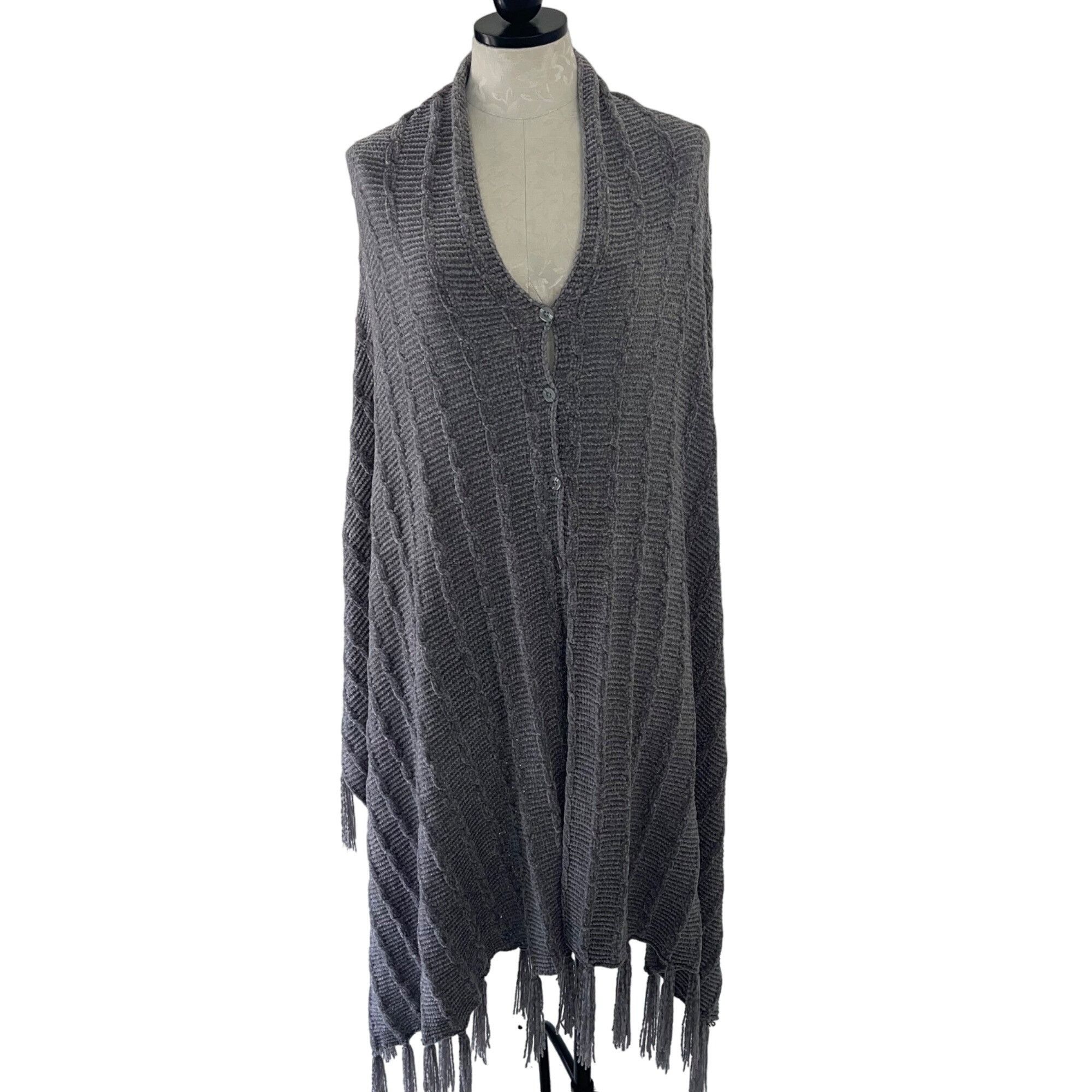 Vintage Womens Poncho One Size Gray Button Front Fringe Size ONE SIZE - 5 Thumbnail