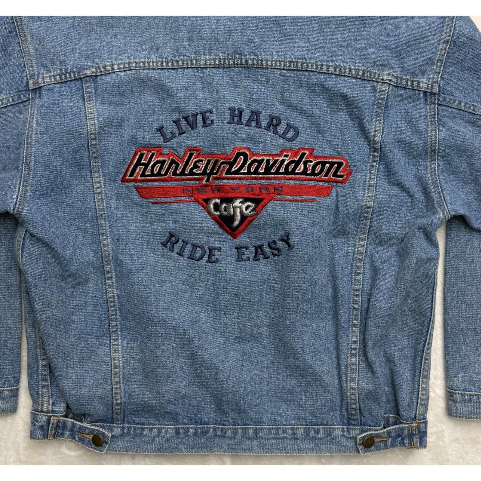 Harley Davidson VINTAGE Harley-Davidson NY Jacket Mens Large Blue Denim Cafe Embroidered 90s Size US L / EU 52-54 / 3 - 2 Thumbnail